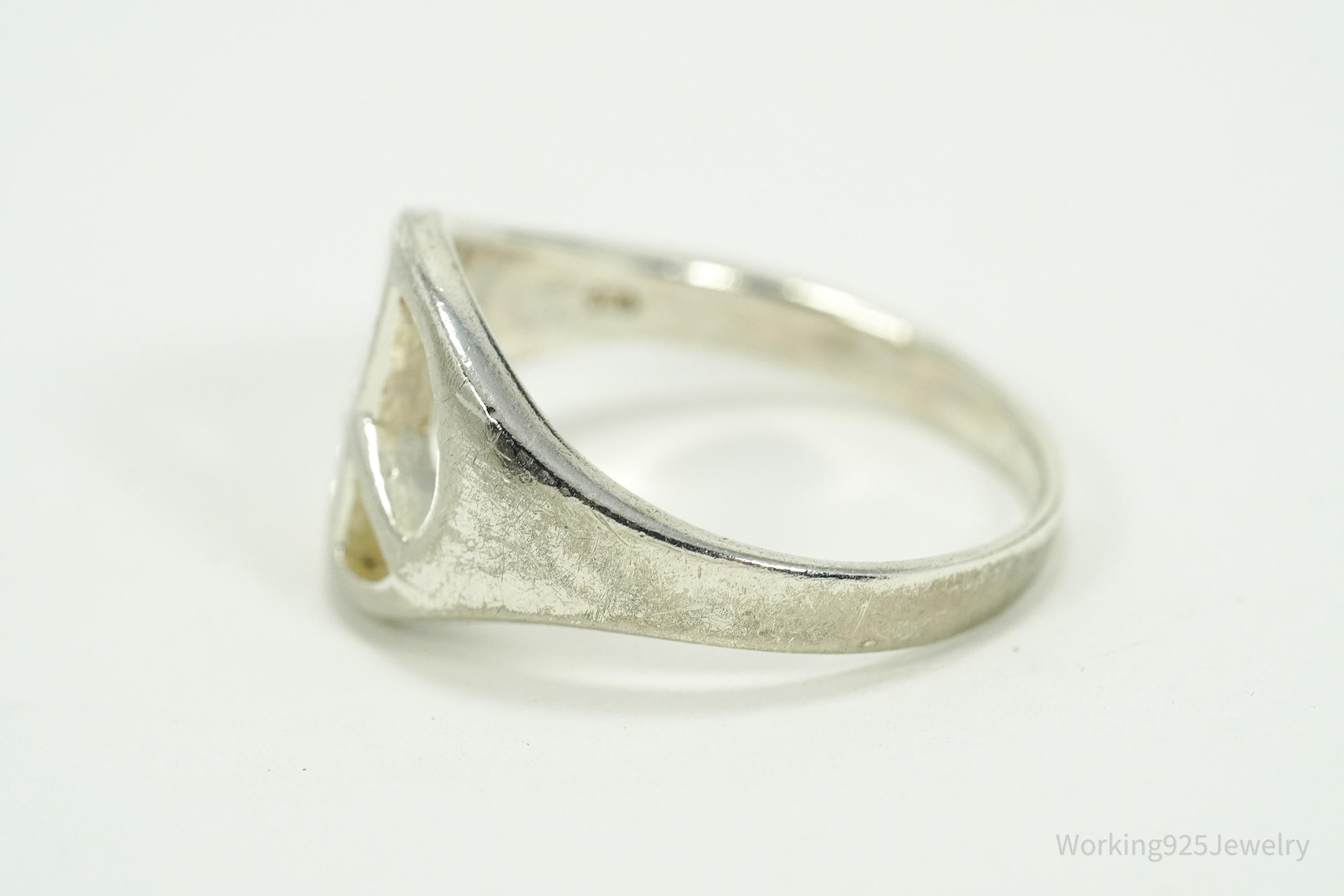 Vintage Peace Sign Sterling Silver Rhodium Plated Ring - Size 7