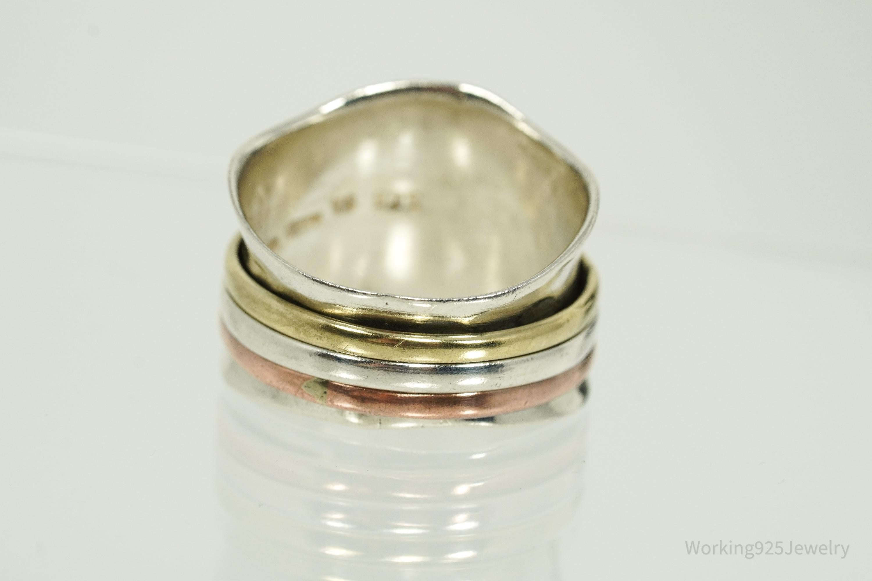 Vintage Brass & Copper Sterling Silver Spinner Band Ring- Size 8.25