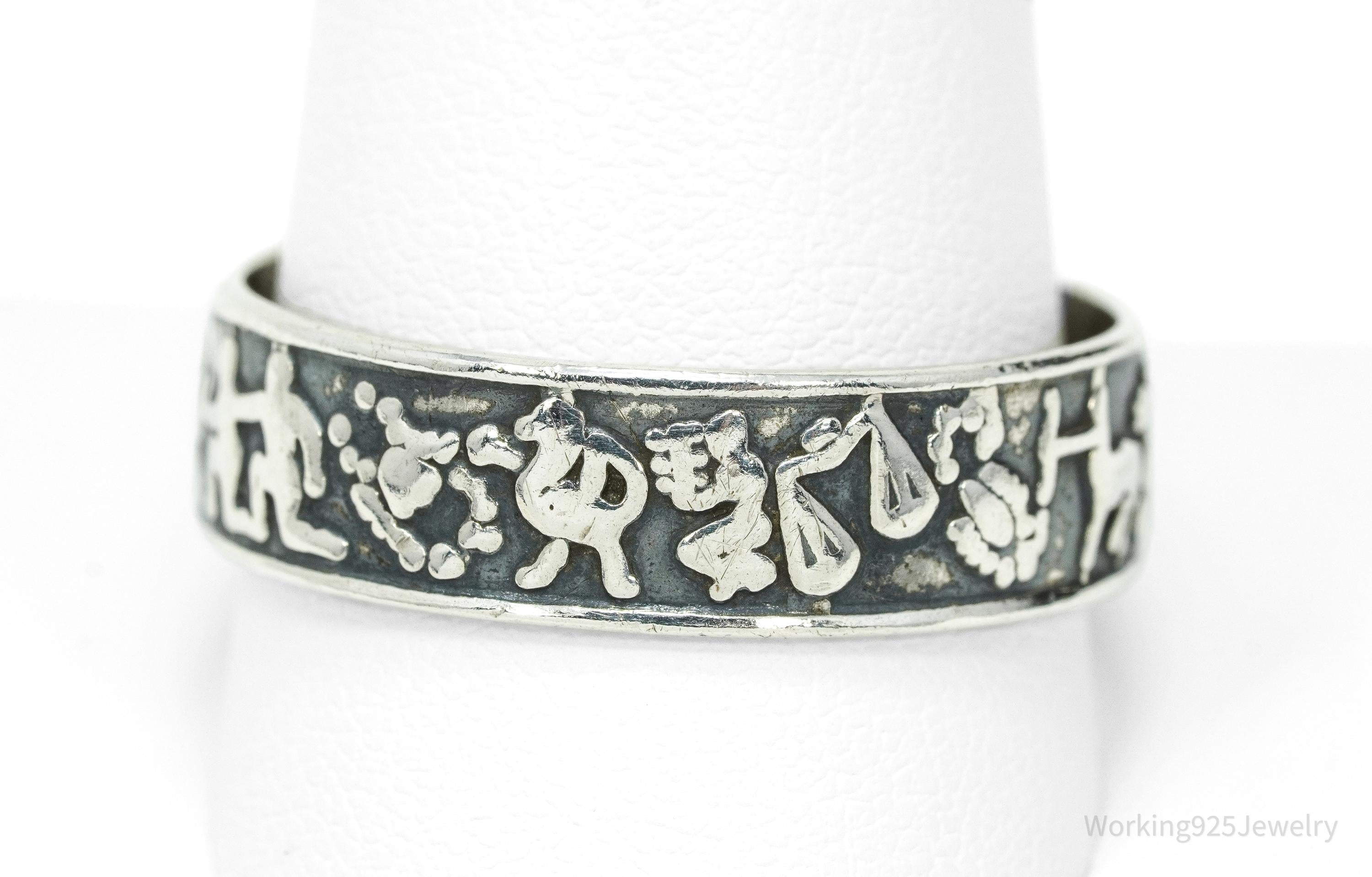 Vintage Astrology Signs Sterling Silver Band Ring - Size 13.5
