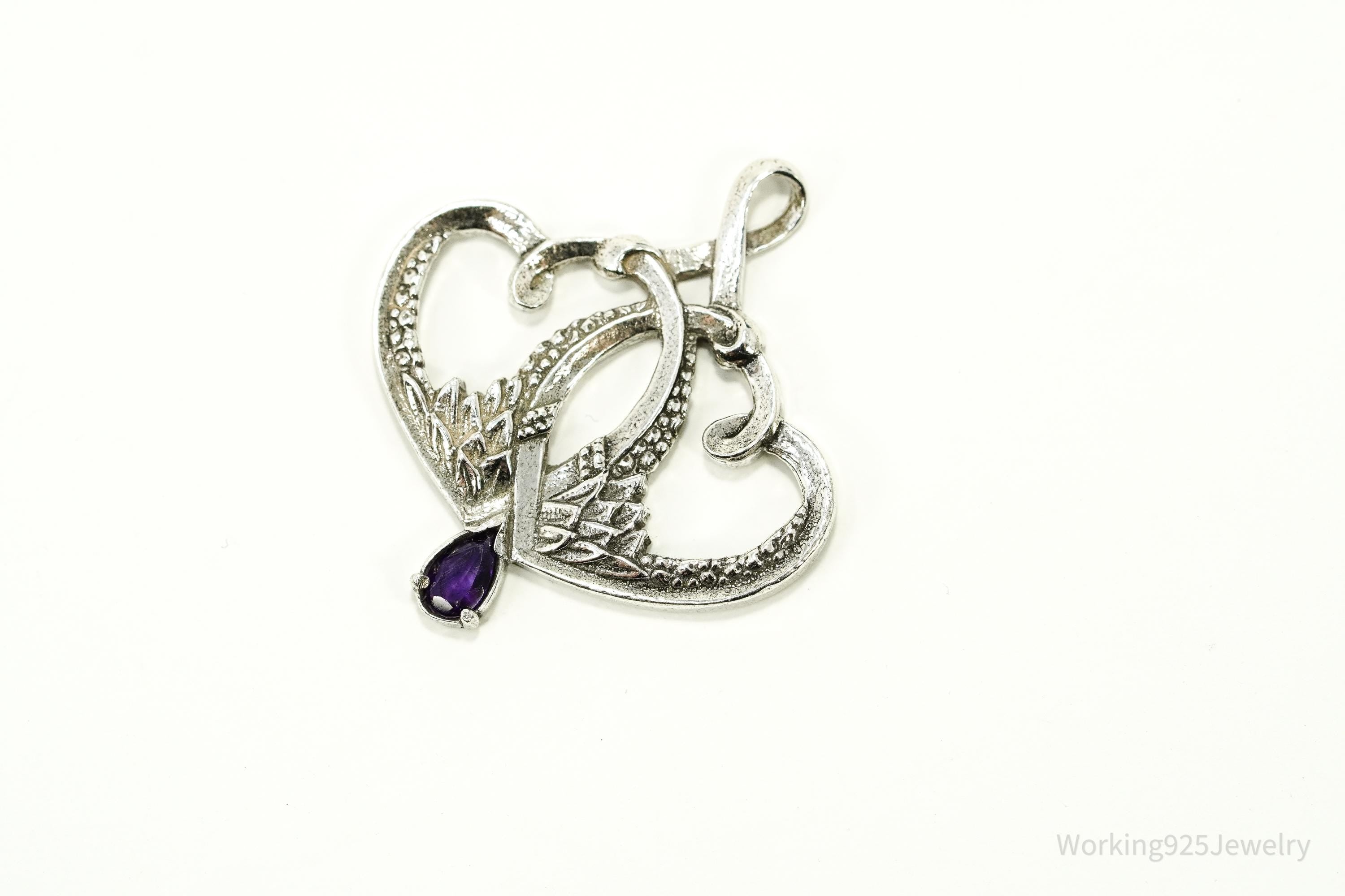 Vintage 1893 GRADH Franklin Mint Double Heart Amethyst Sterling Silver Pendant