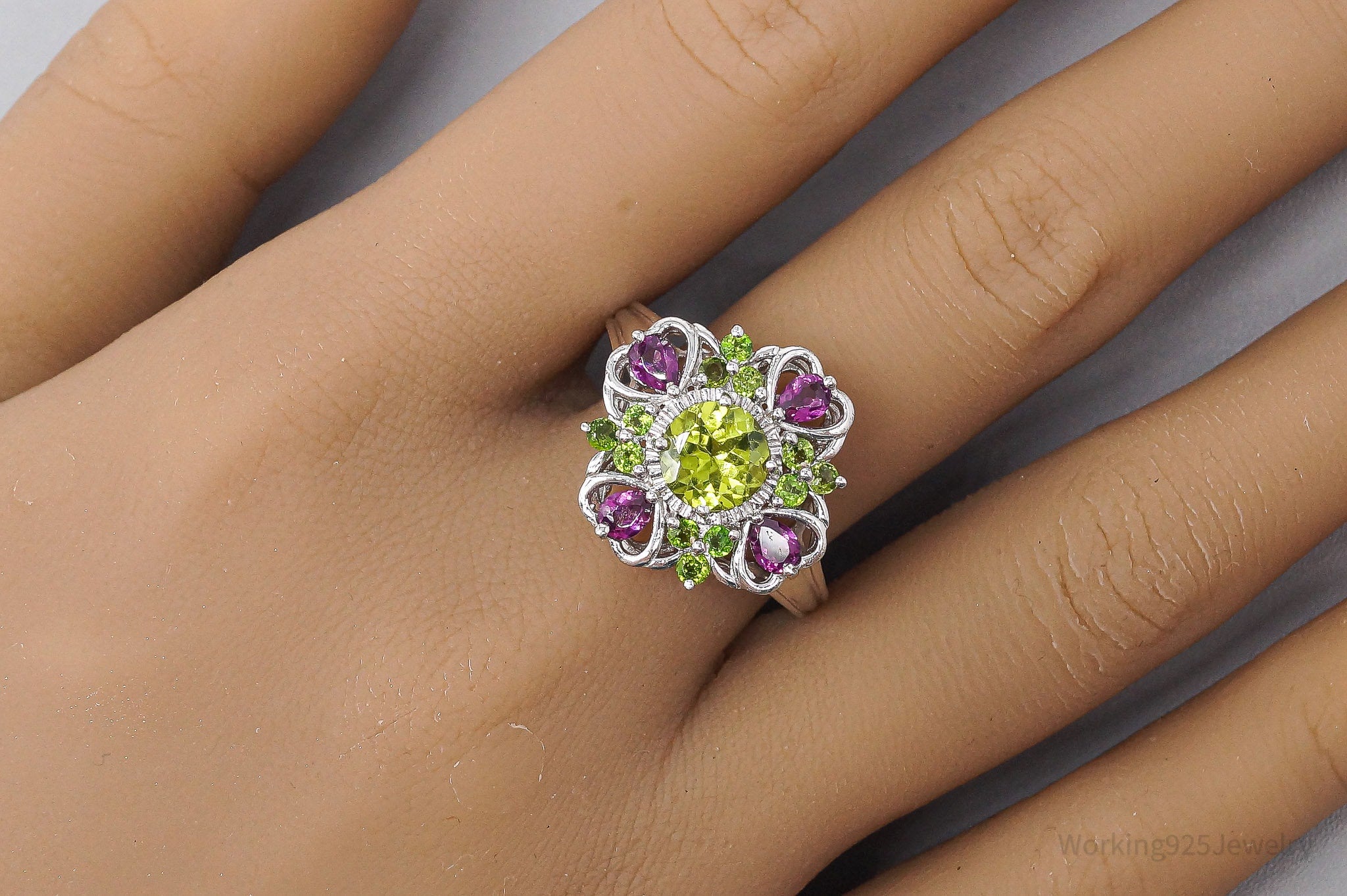 SGL Peridot & Pink Tourmaline Sterling Silver Ring - Size 9.75