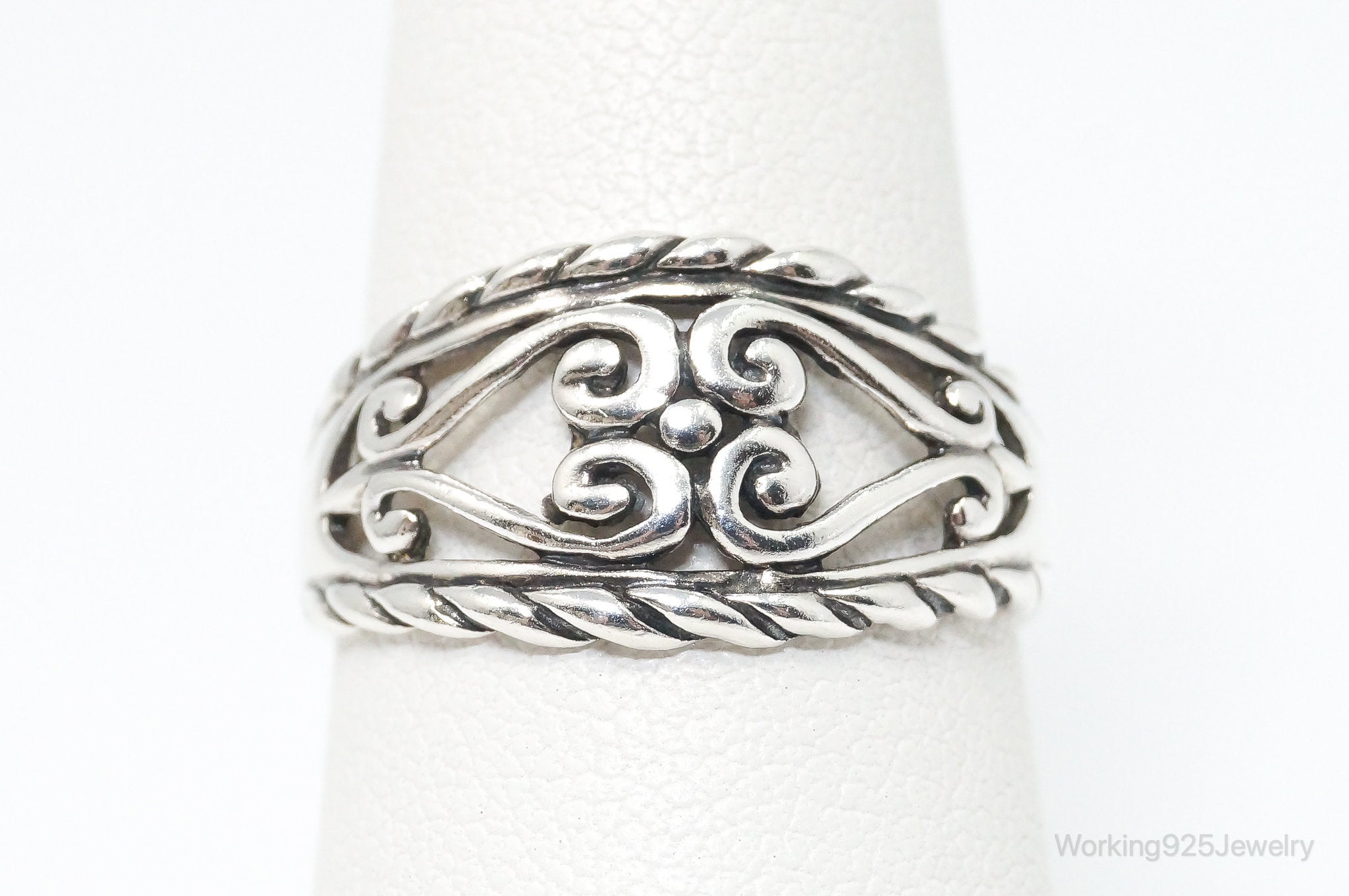 Vintage Scroll Hearts Sterling Silver Band Ring - SZ 8