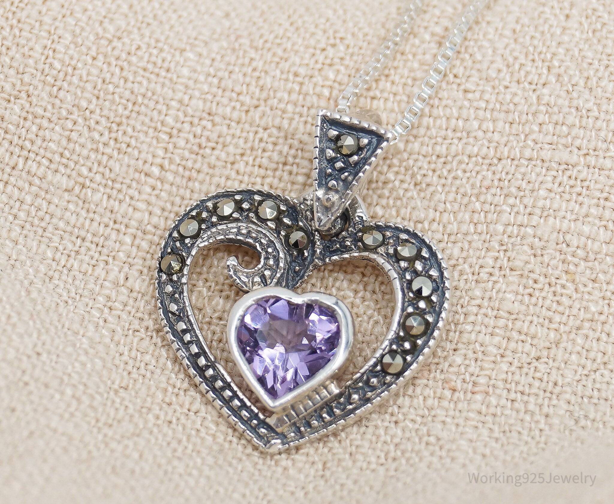 Vintage Amethyst Marcasite Heart Sterling Silver Necklace 18"