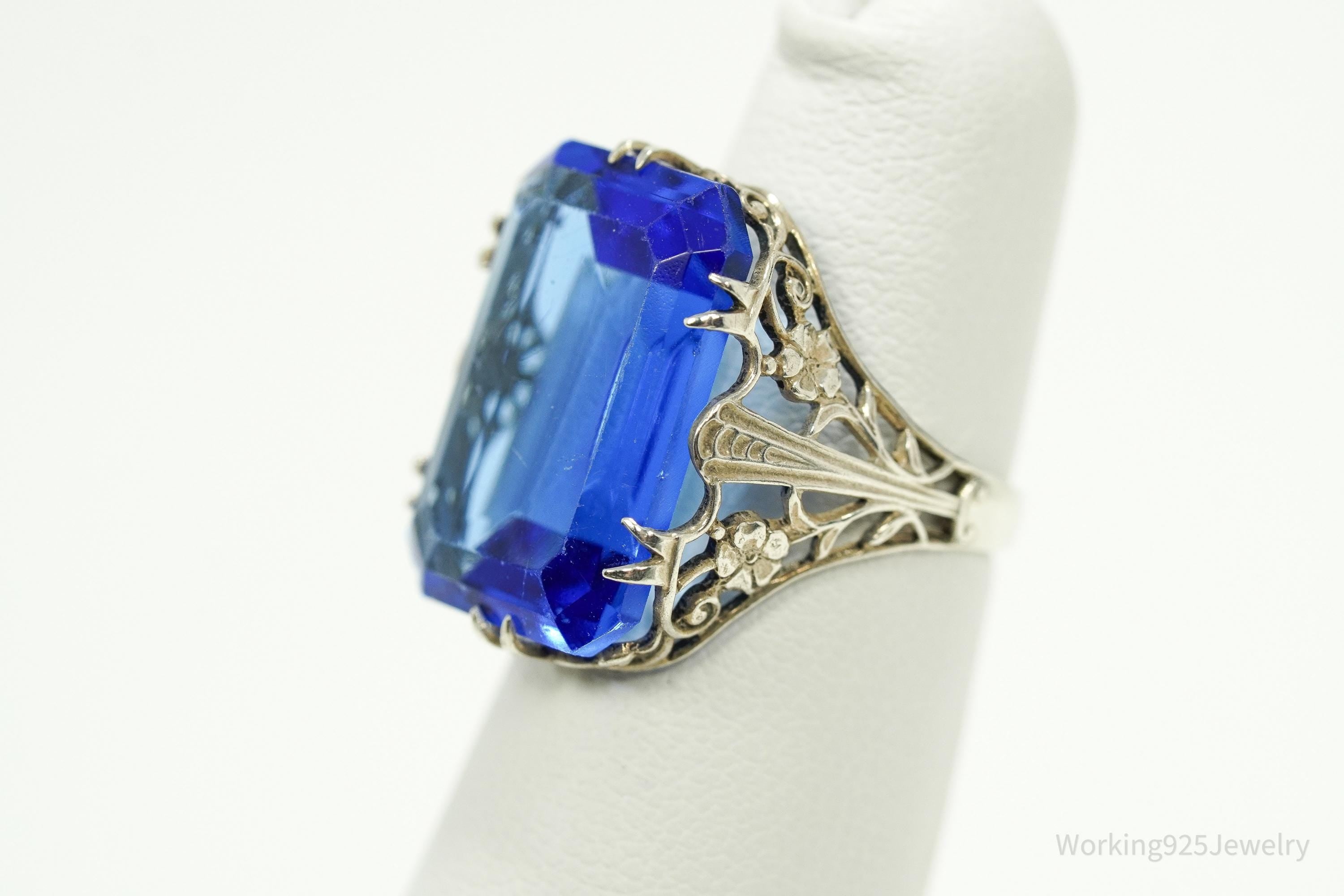 Antique Blue Art Glass Sterling Silver Ring - Size 5.25