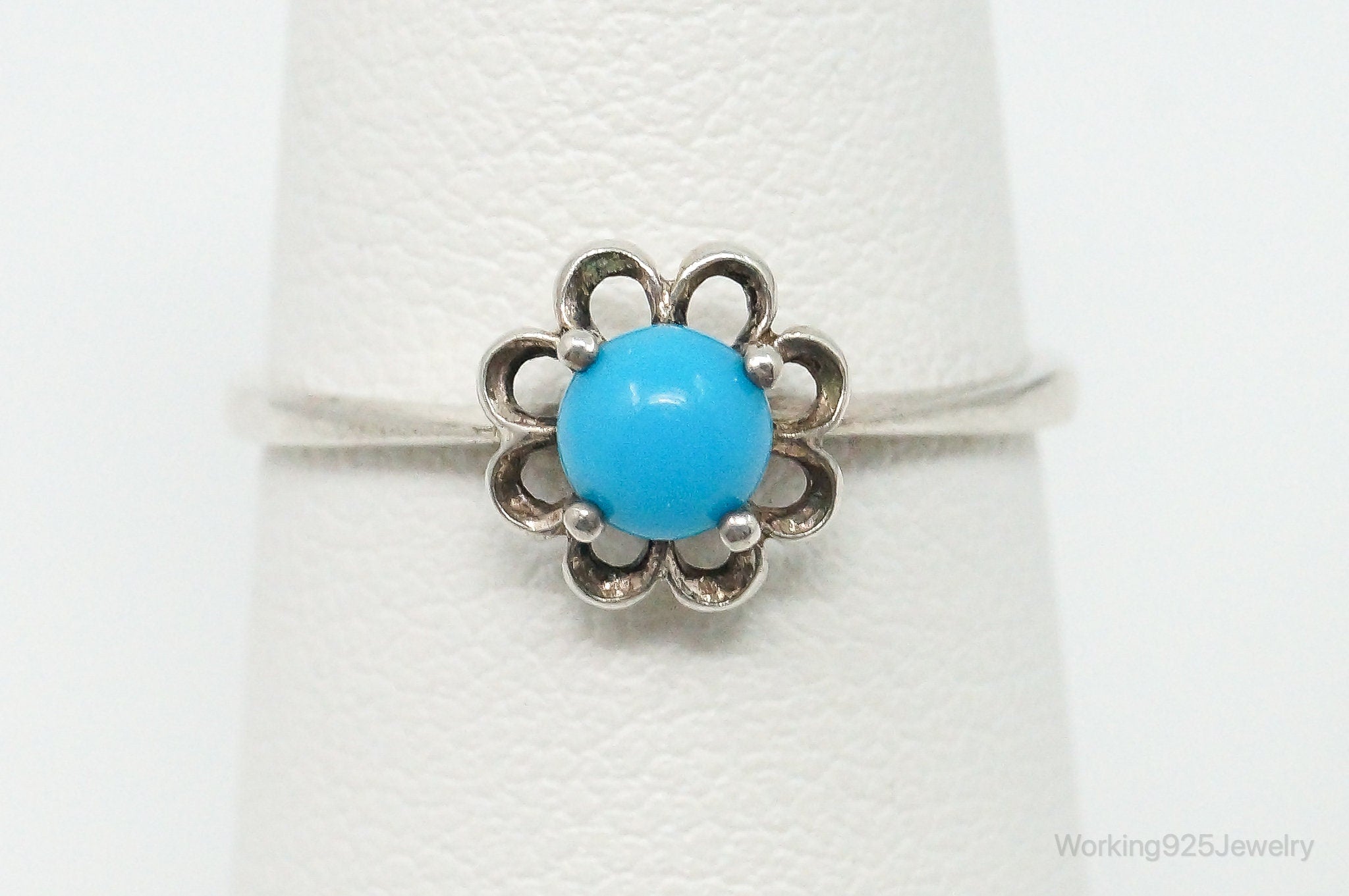 Vintage London Made Turquoise Flower Sterling Silver Ring - Size 5.75