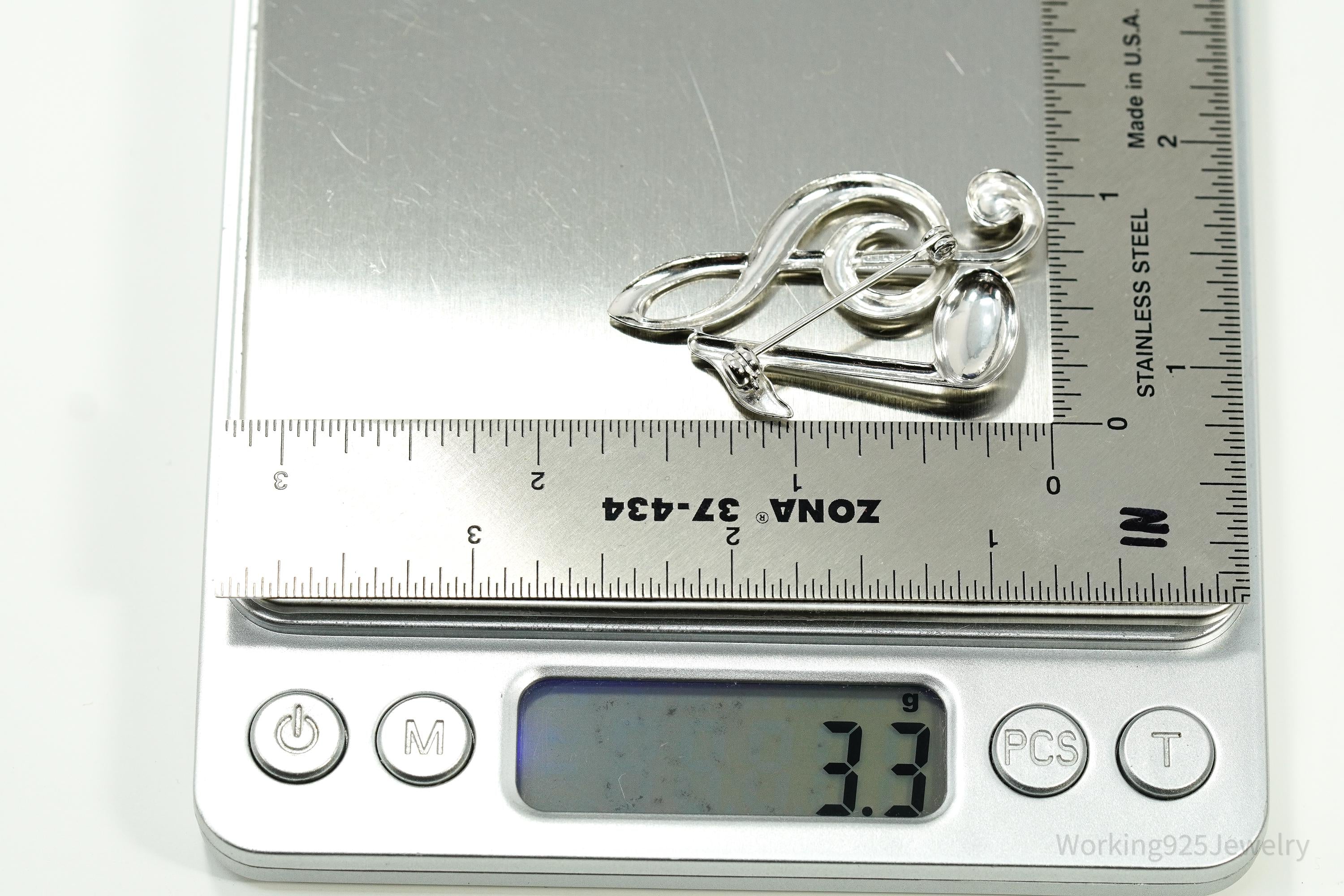 Vintage Puffy Music Notes Sterling Silver Brooch Pin