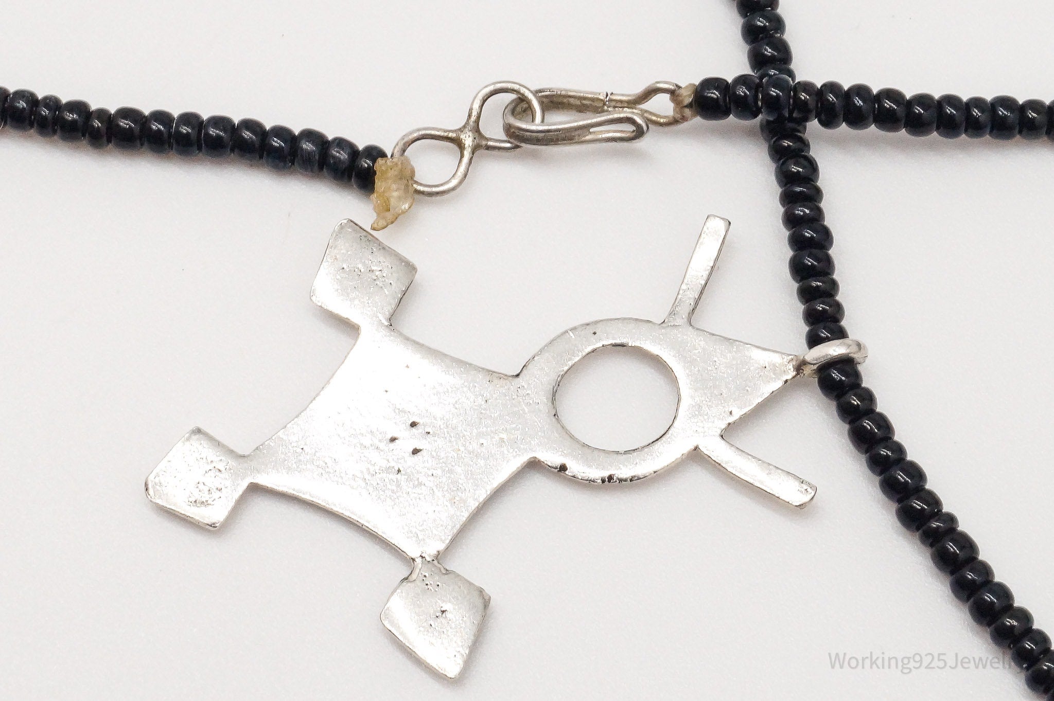 Vintage Large Silver Southern Cross Black Bead Necklace 18"