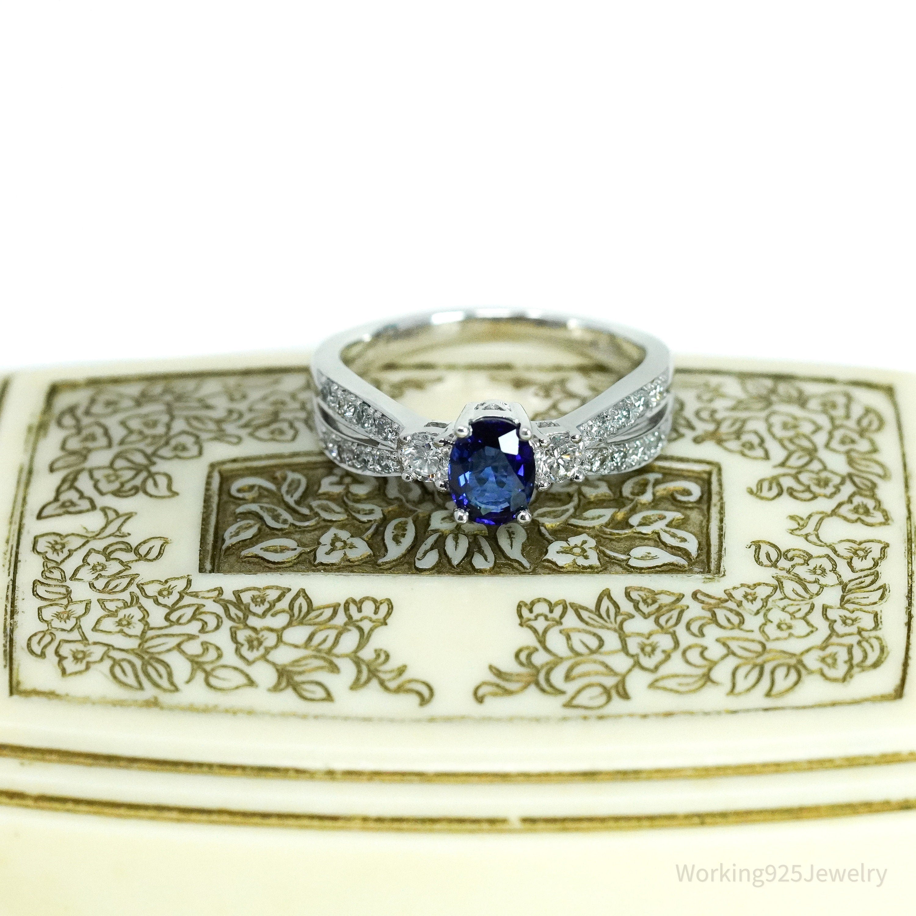 14K White Gold, Sapphire & Diamond Cocktail Ring - Size 8