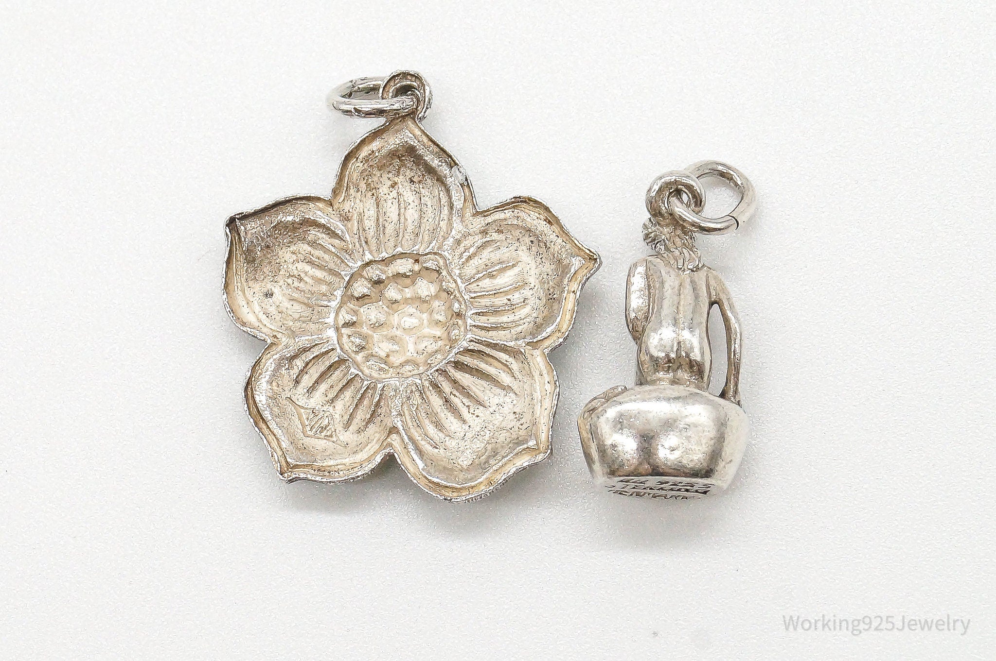 Vintage Modernist Enamel Flower Little Mermaid Sterling Silver Pendants