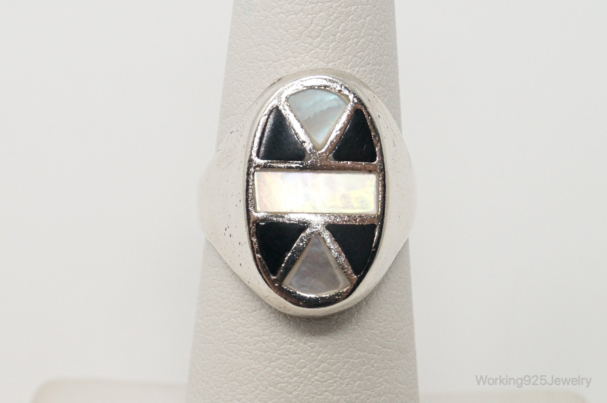 Vintage Native American Signed CJ Mother Of Pearl Sterling Silver Ring SZ 5.5