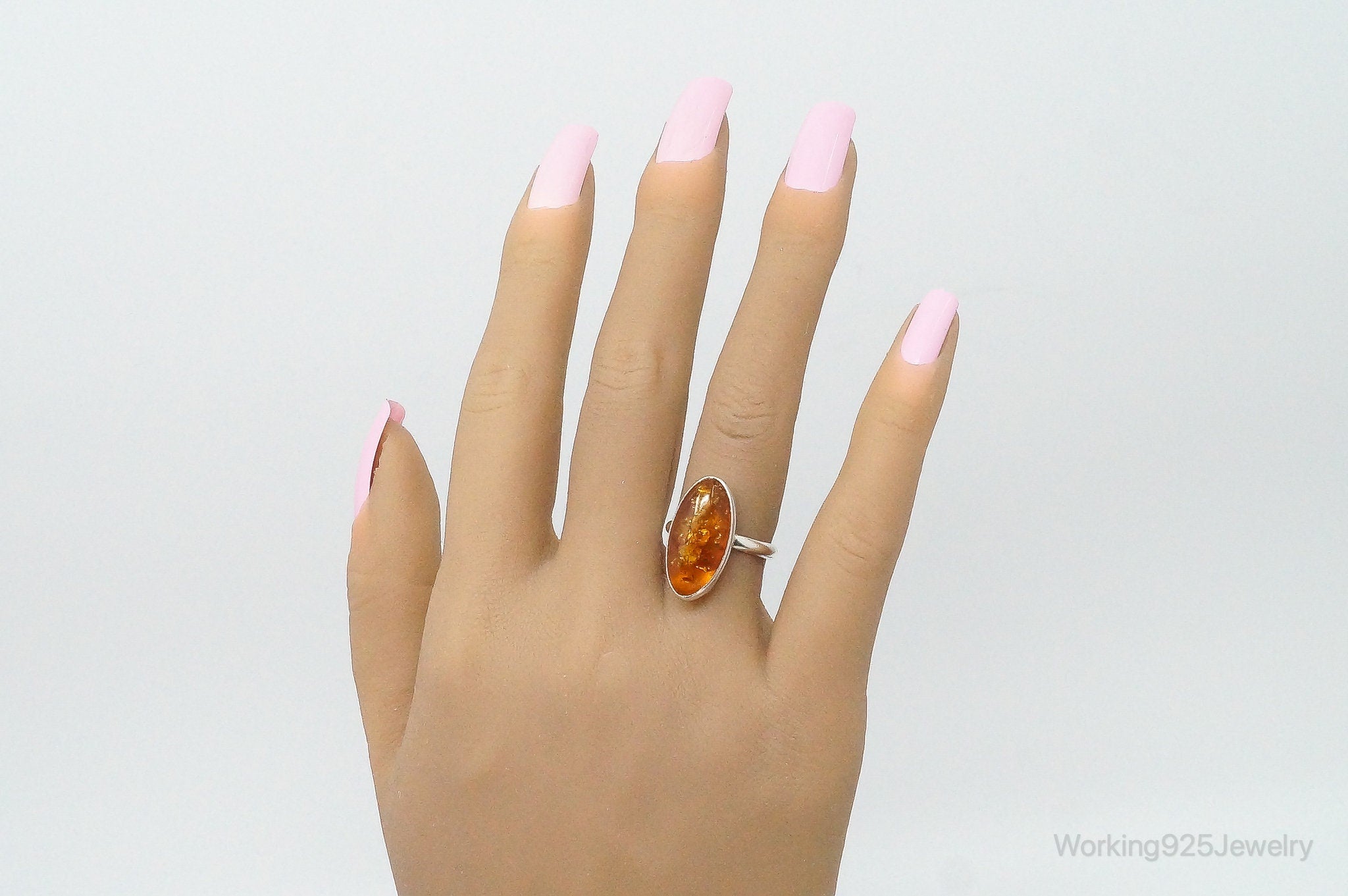 Vintage Large Baltic Amber Sterling Silver Ring - Size 6.25