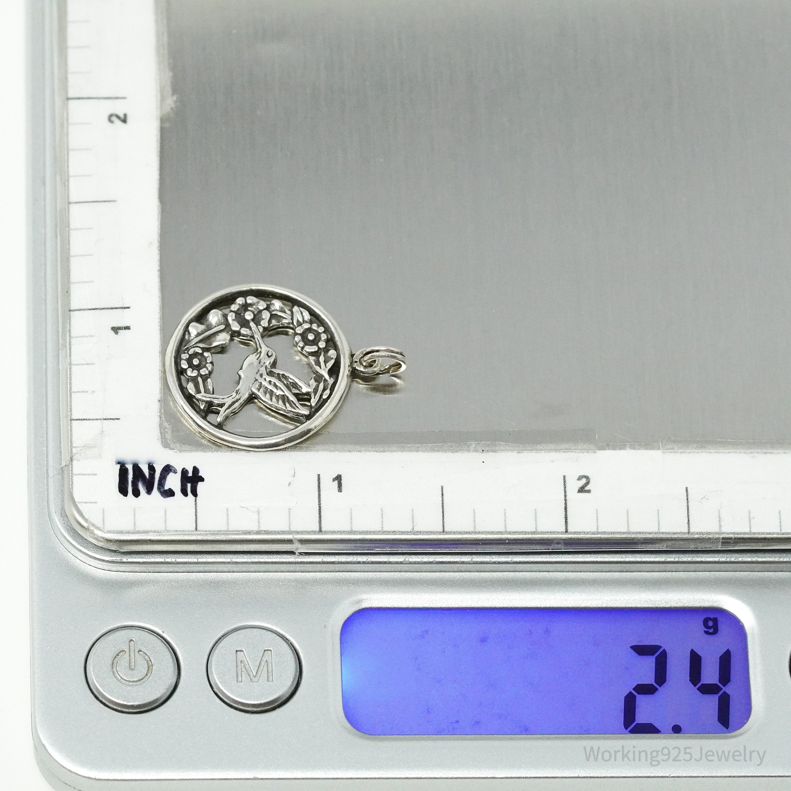 Vintage Hummingbird & Flowers Sterling Silver Charm Pendant