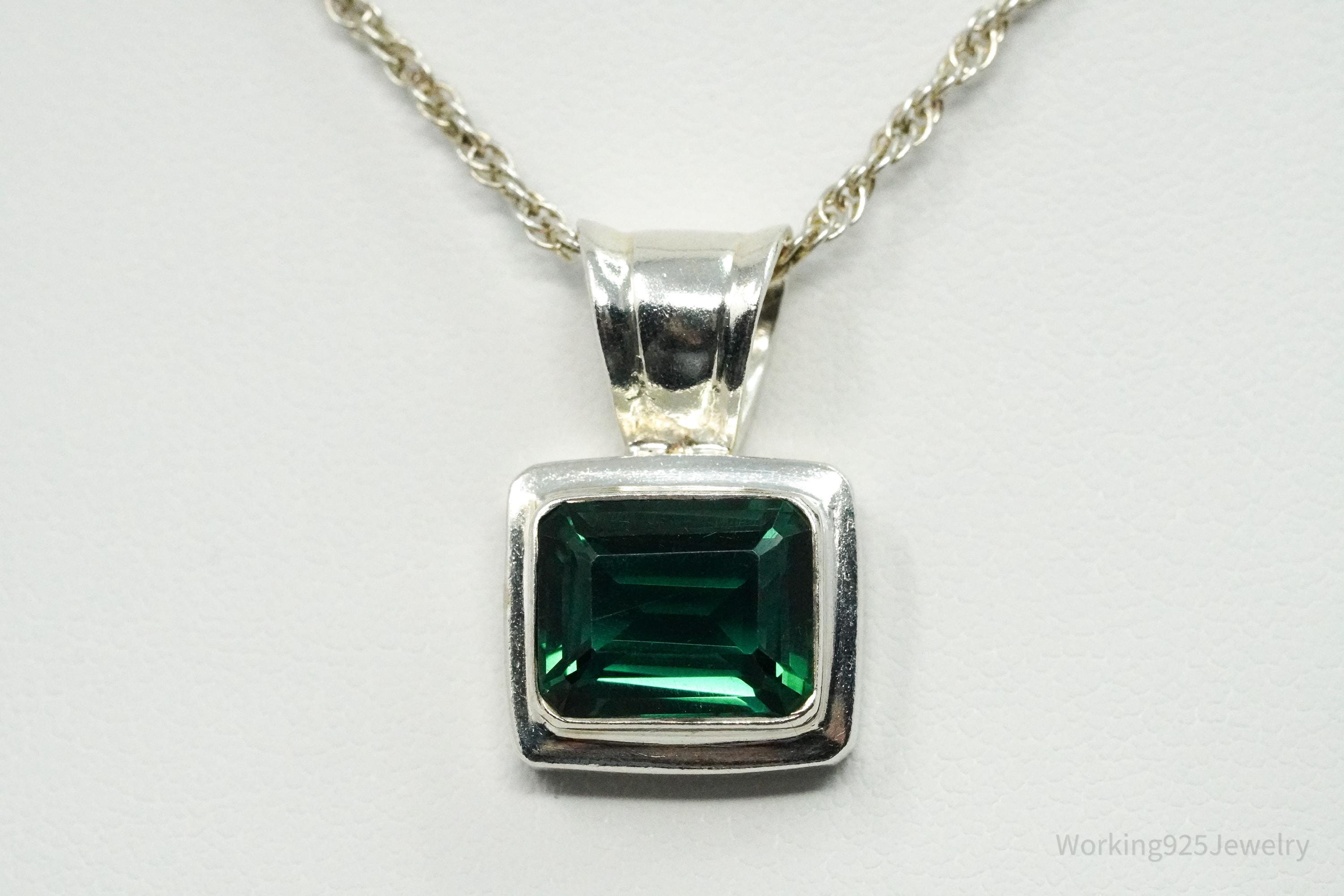 Vintage Lab Emerald Sterling Silver Necklace 18"