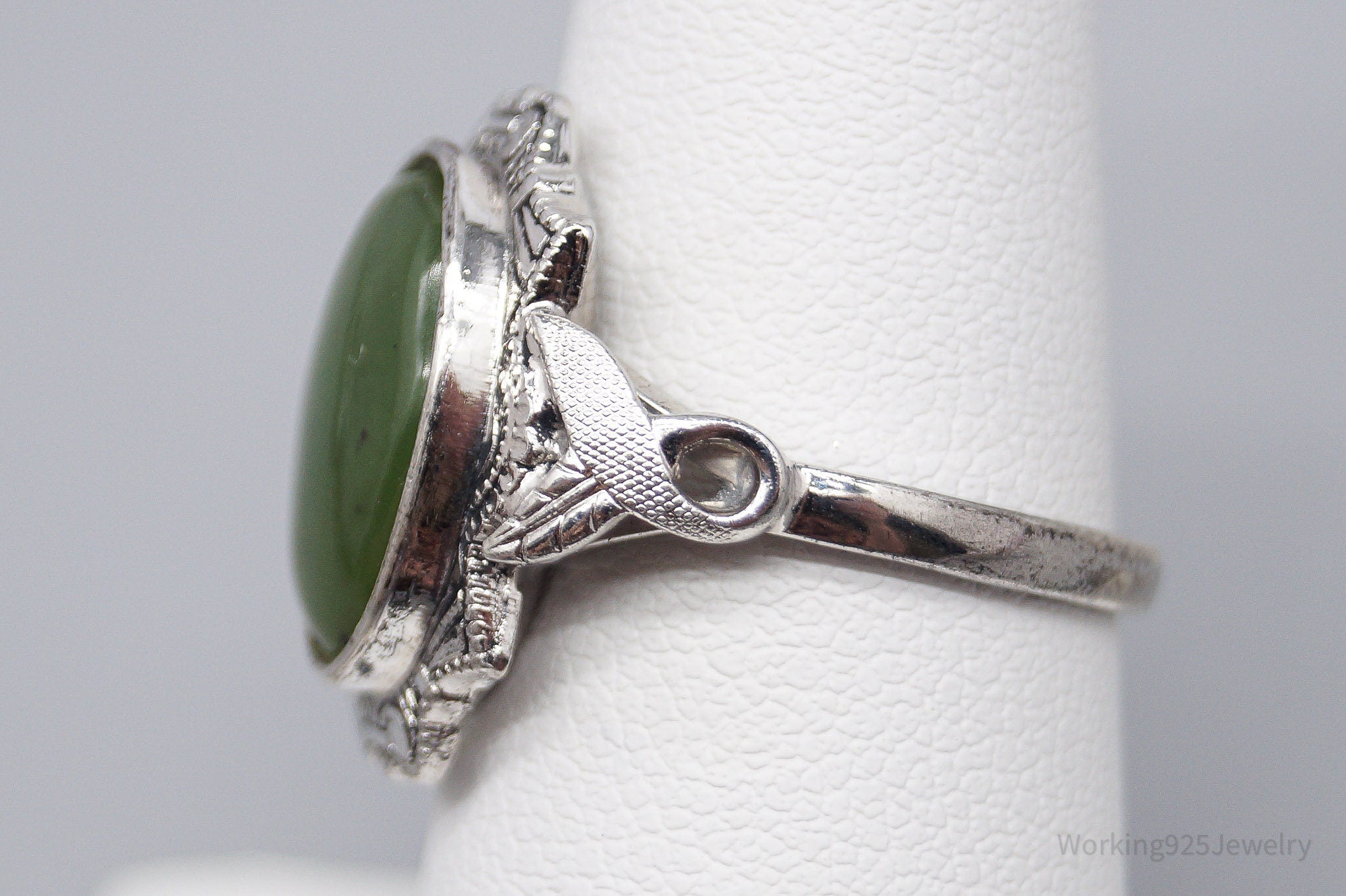 Antique Designer Clark & Coombs Nephrite Jade Sterling Silver Ring - Size 7.5