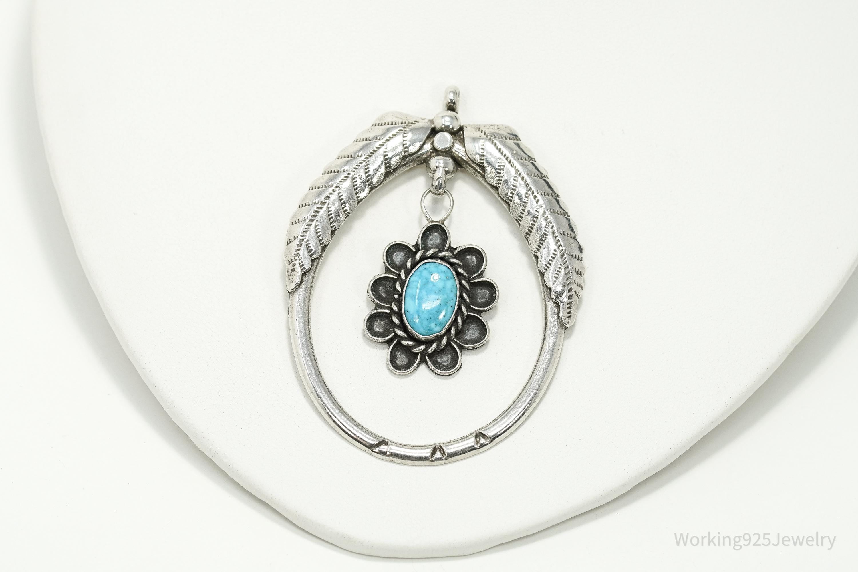 Vintage Mexican Handmade Large Turquoise Sterling Silver Pendant