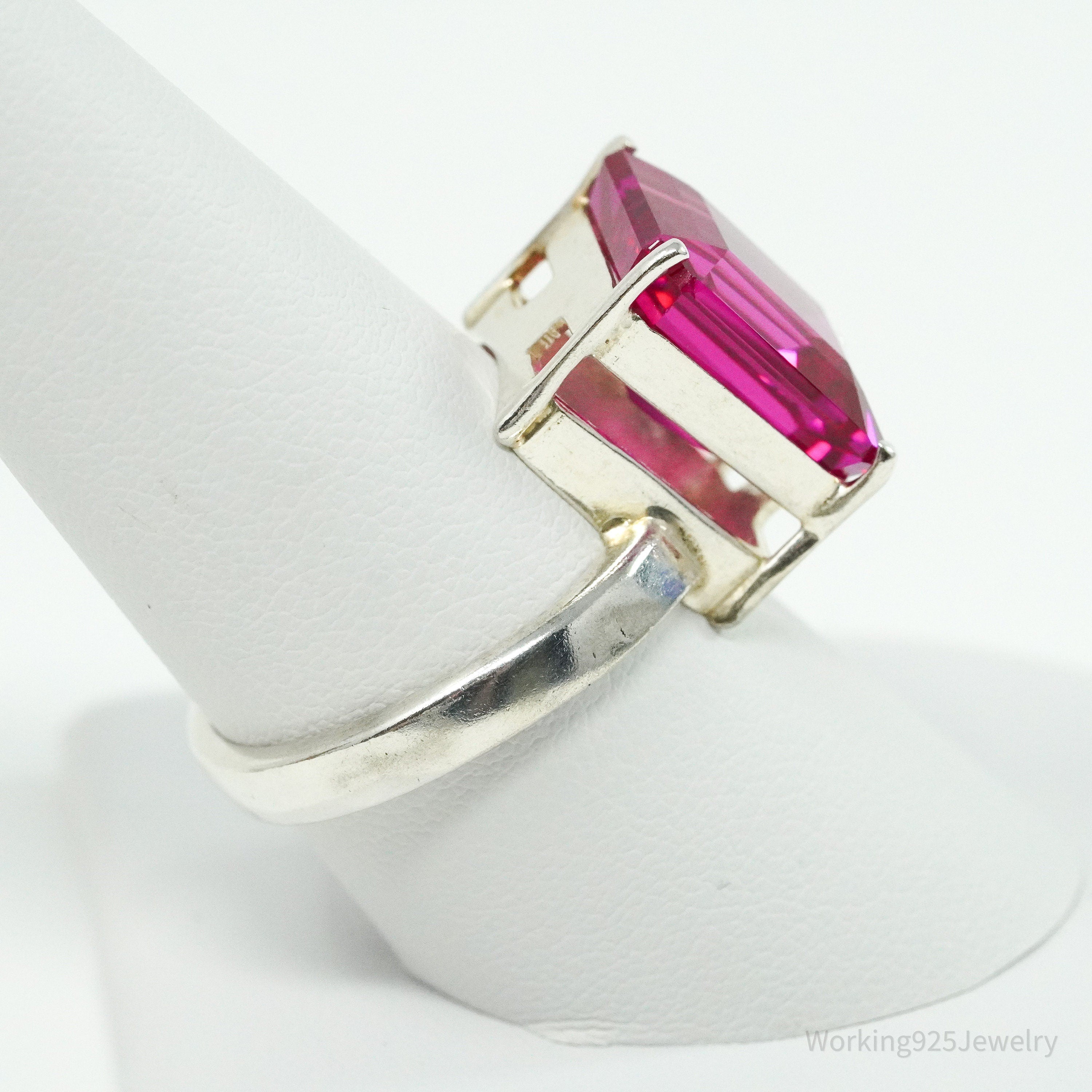 Vintage Lab Ruby Sterling Silver Ring - Size 8.75
