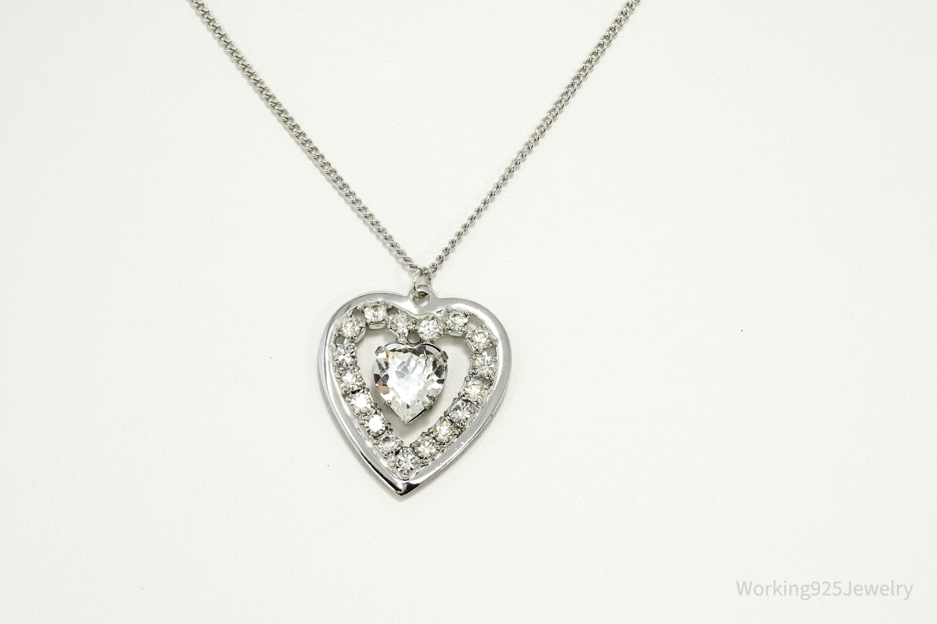 Vintage Faux Diamonds Sterling Silver Heart Chain Necklace 17"