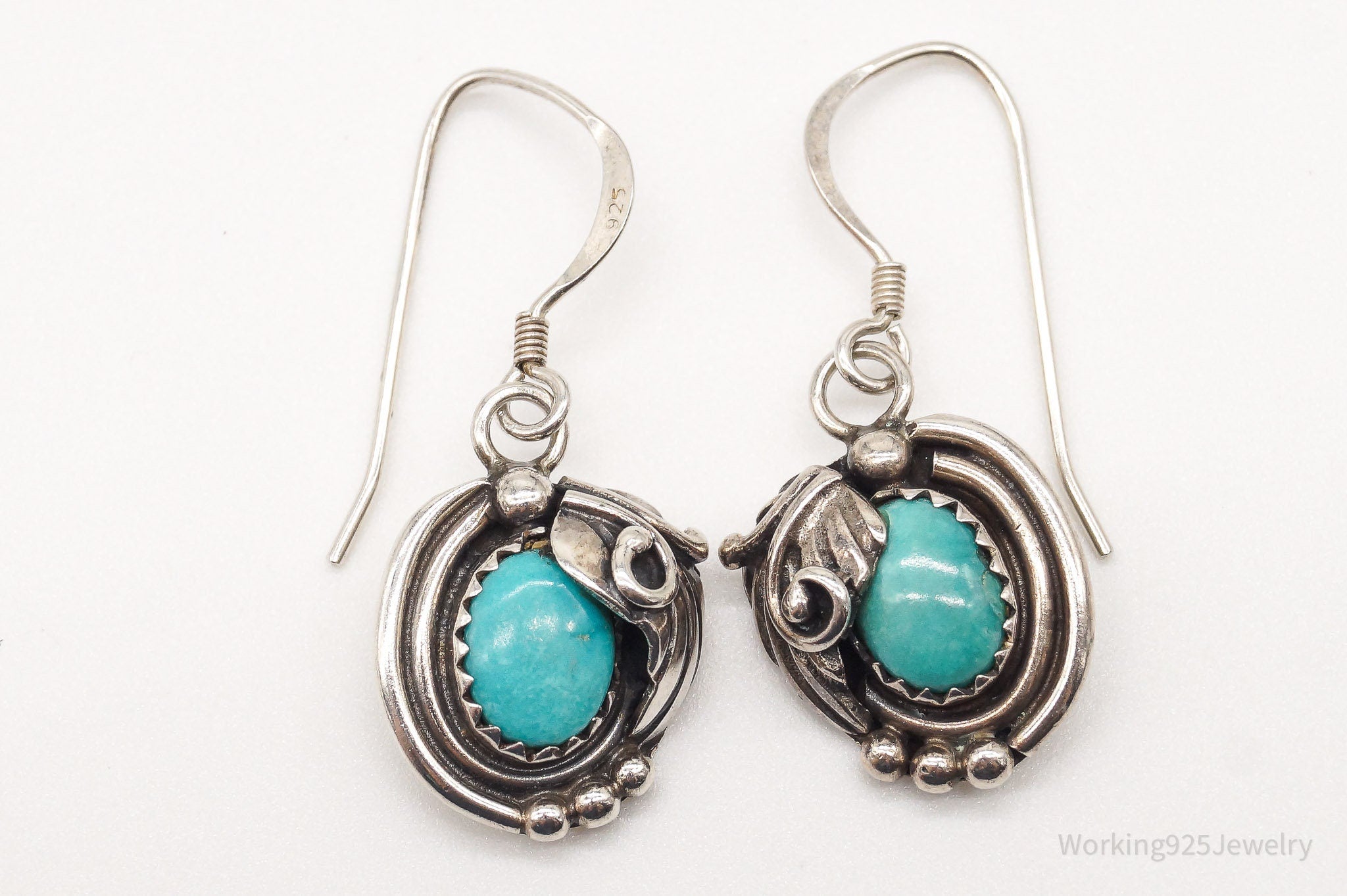 Vintage Native American Artisan LG Turquoise Sterling Silver Earrings