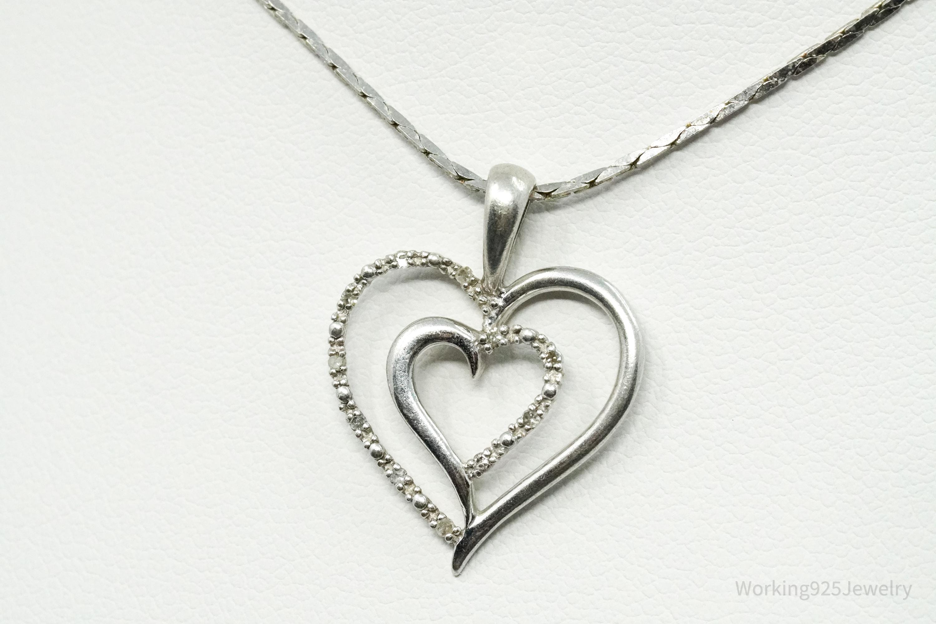 Vintage Diamond Heart Sterling Silver Necklace - 16"