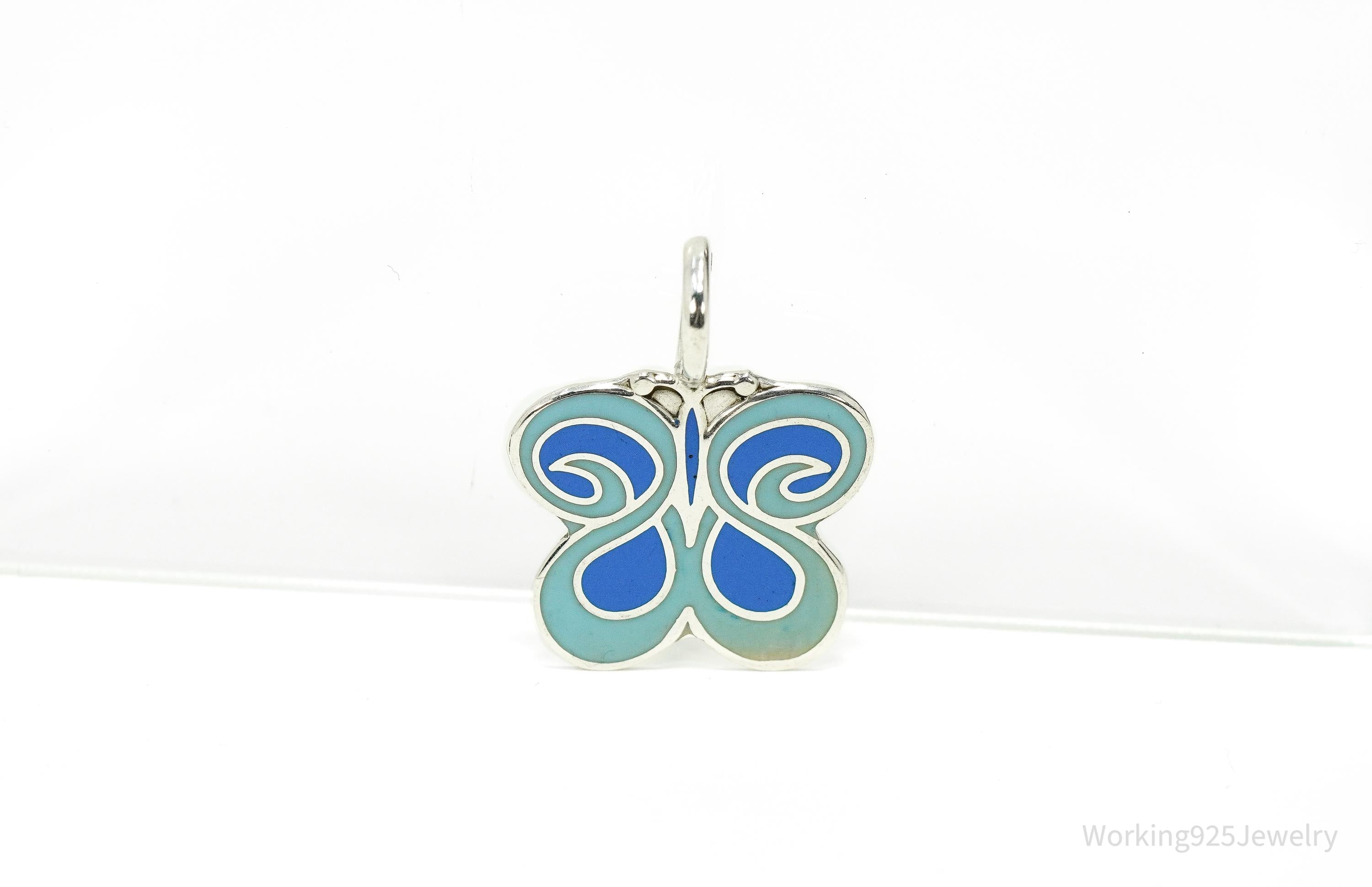 Vintage Blue Enamel Butterfly Silver Necklace Pendant