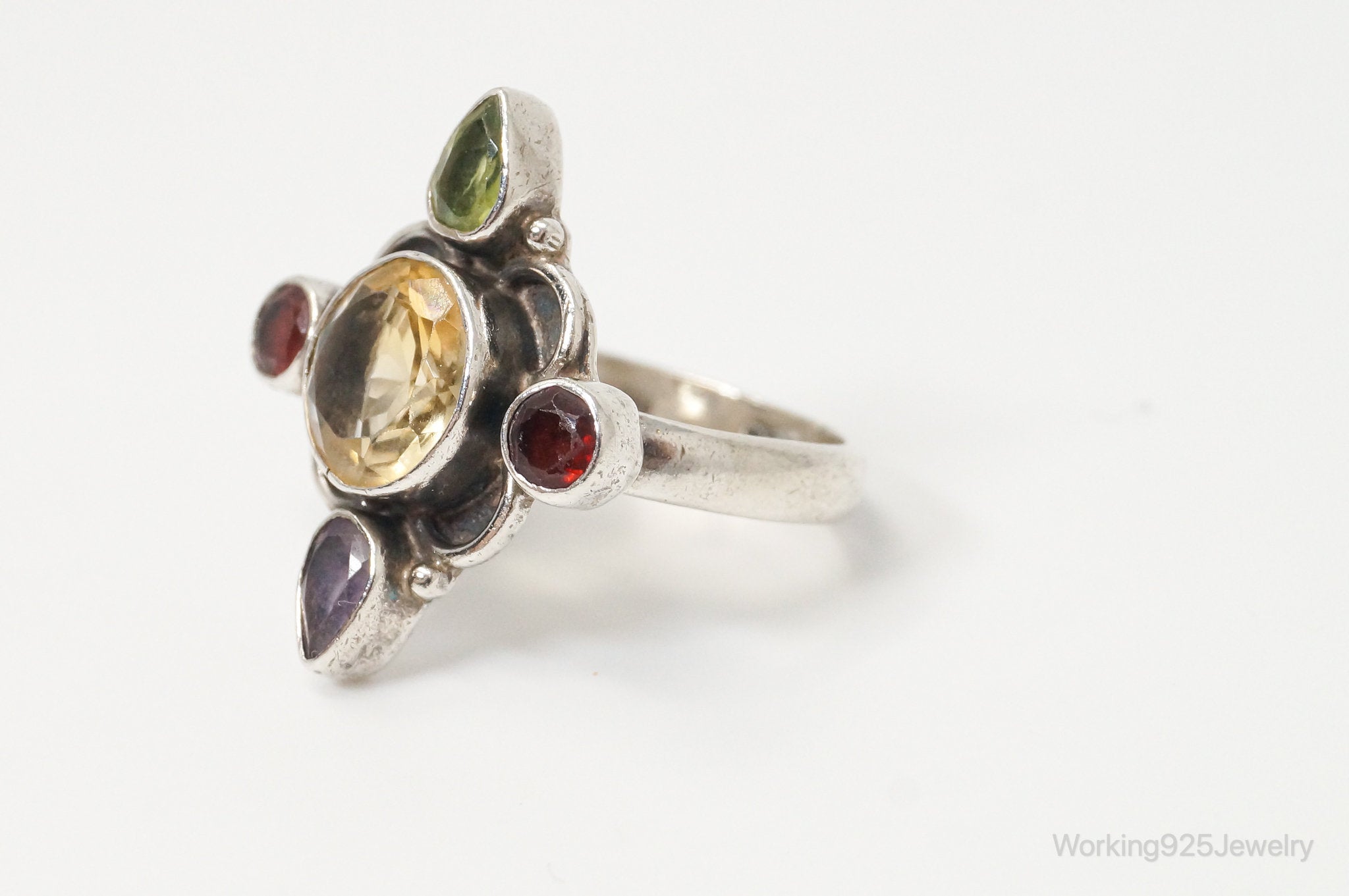 Vintage Multi Gemstone Sterling Silver Ring - SZ 6.75