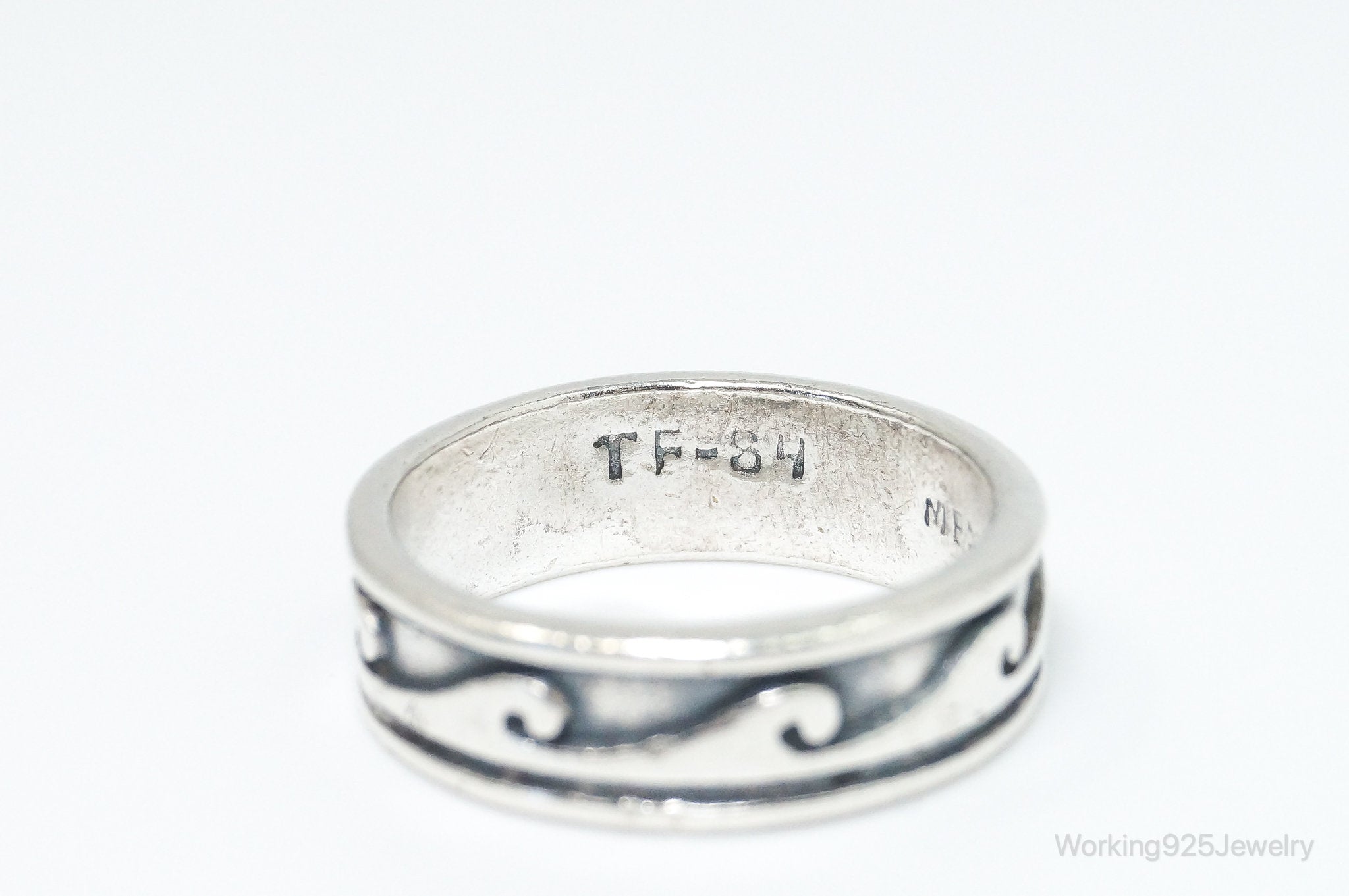 Vintage Mexico Wave Scroll Oxidized Design Sterling Silver Band Ring - Size 8