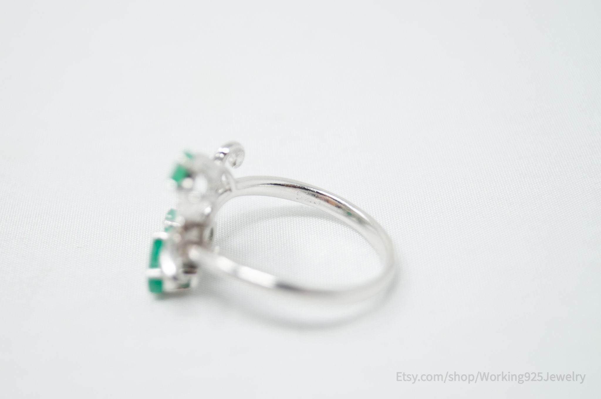 Vintage Green Emerald CZ Accented Art Deco Design Sterling Silver Ring - Sz 6.75