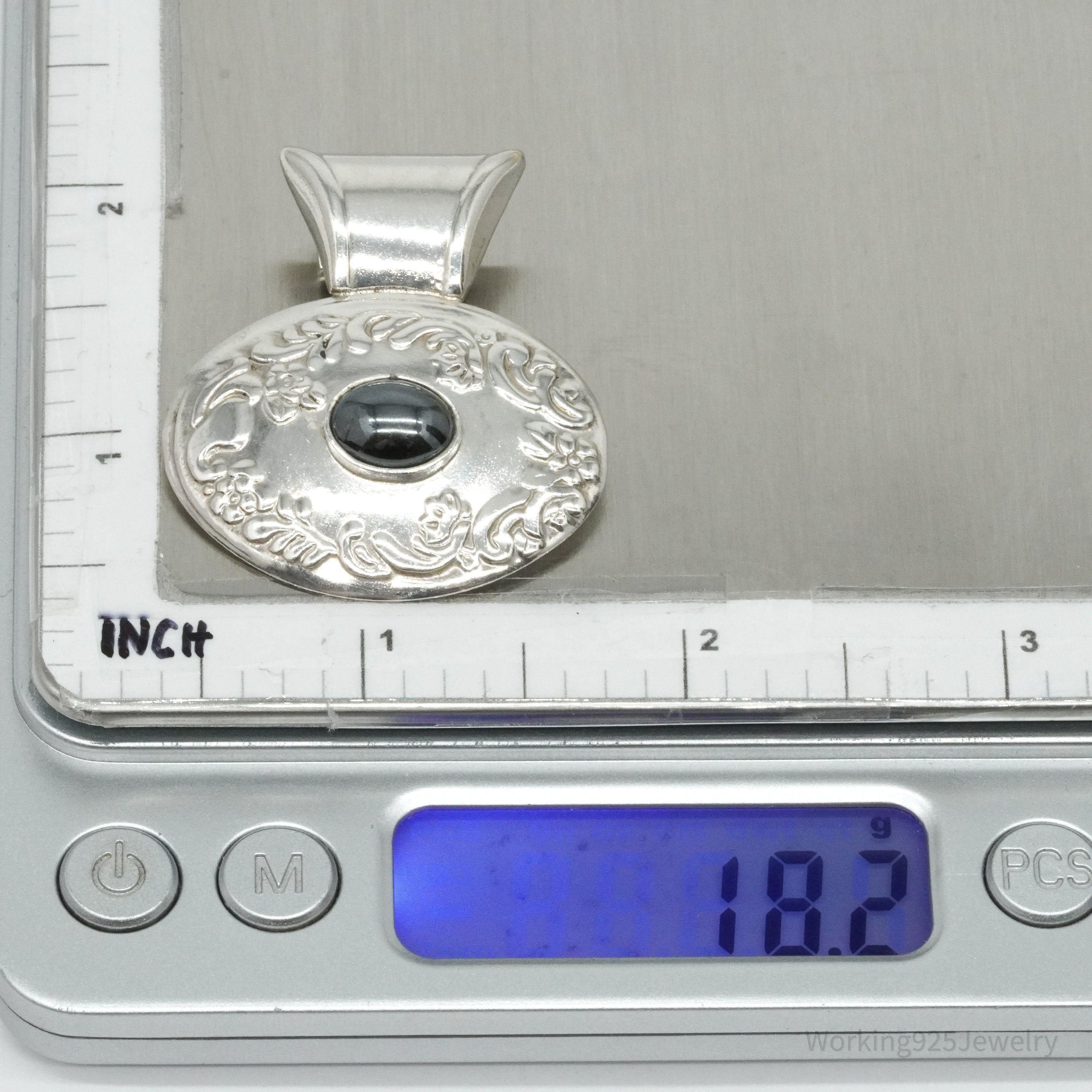 Large Vintage Mexico Hematite Floral Sterling Silver Pendant