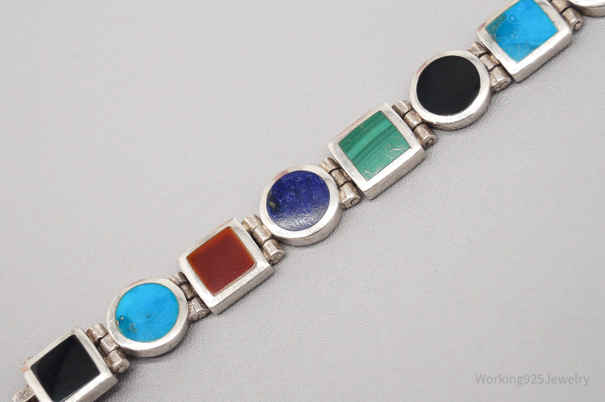 Vintage Multi Gemstone Inlay Sterling Silver Bracelet 8"