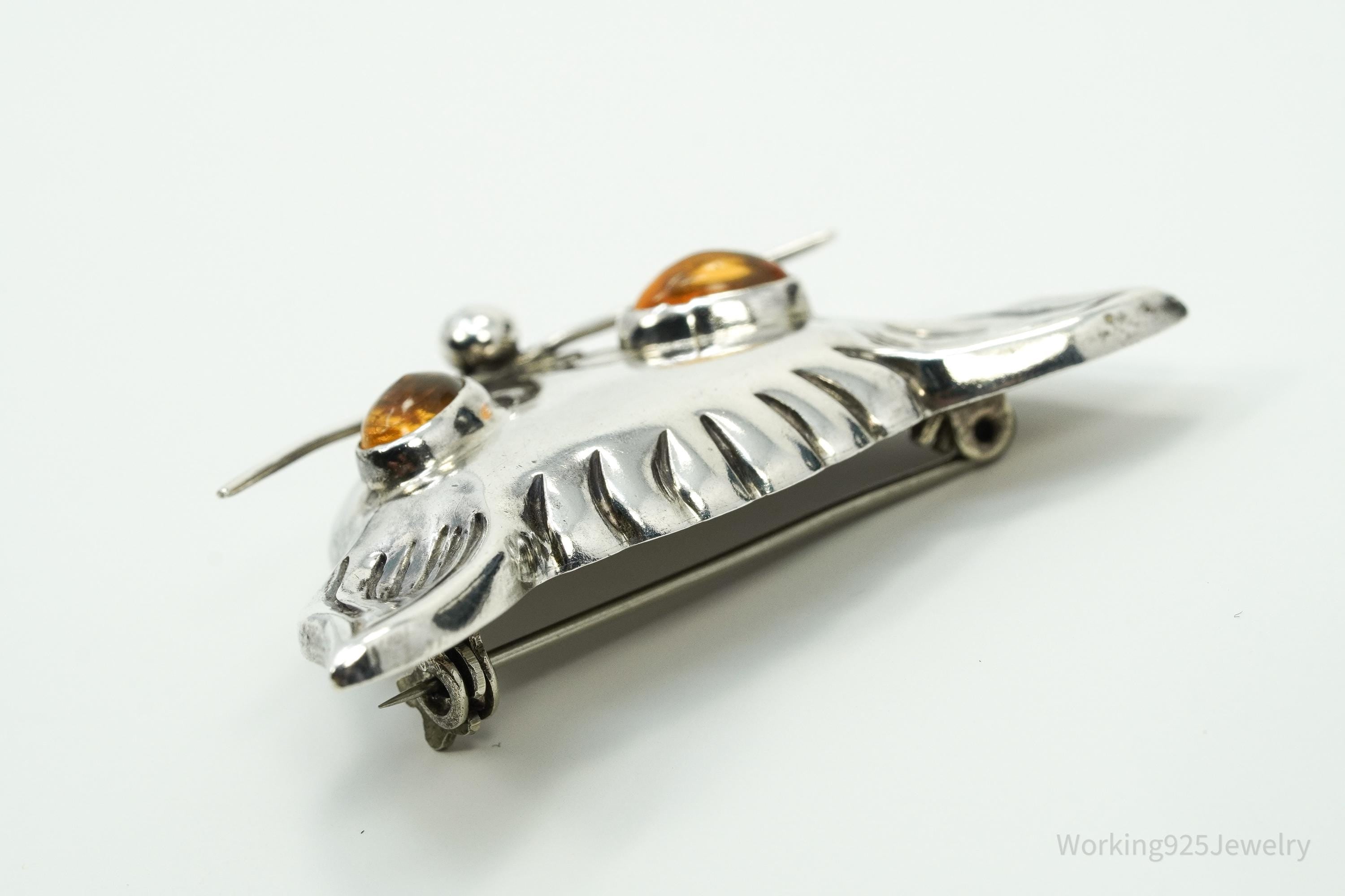 Large Vintage Mexico Amber Eyes Cat Head Sterling Silver Brooch Pin