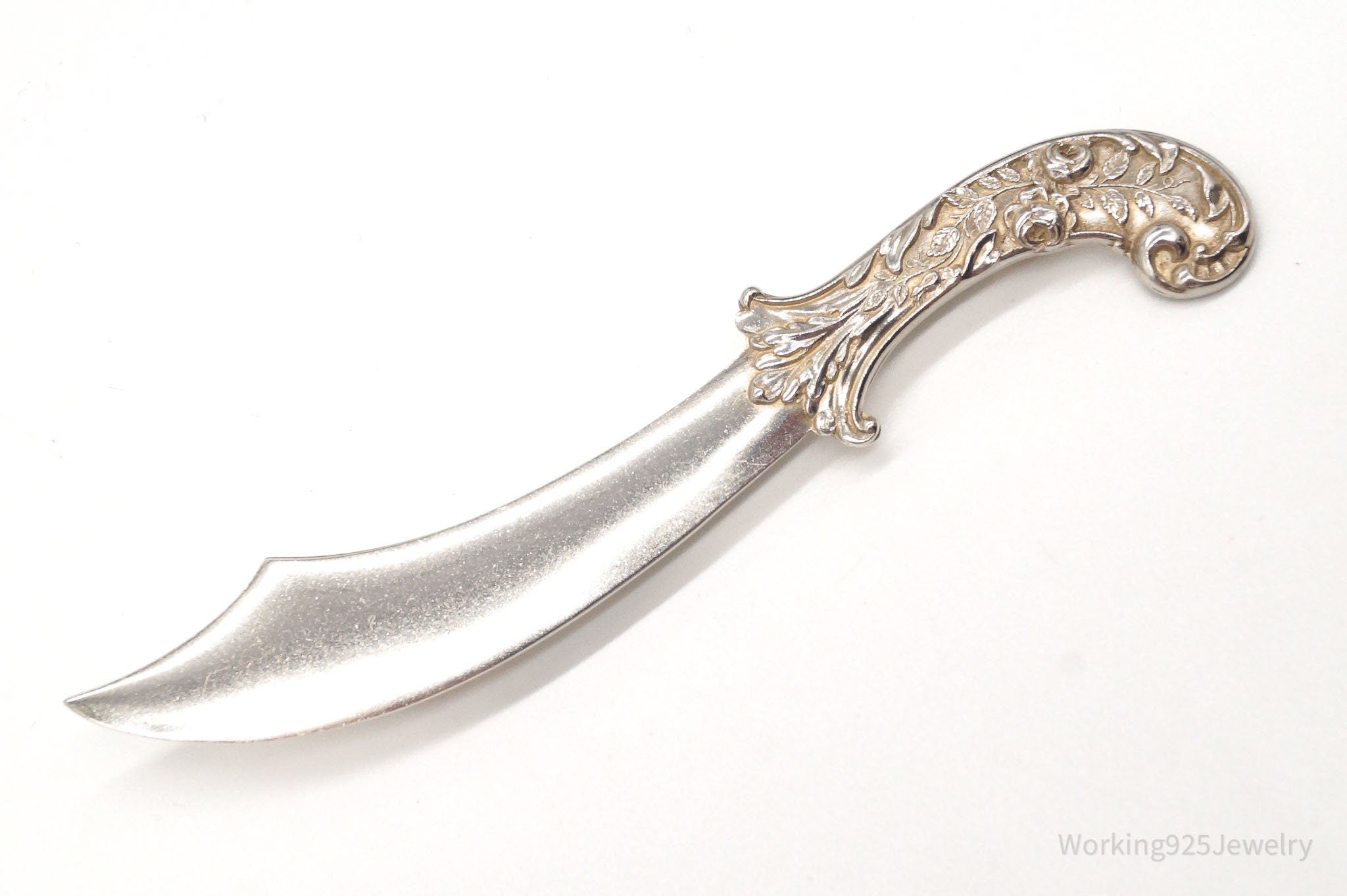 Large 1940s Victorian Revival Scimitar Sword Dagger Sterling Silver Pin Brooch