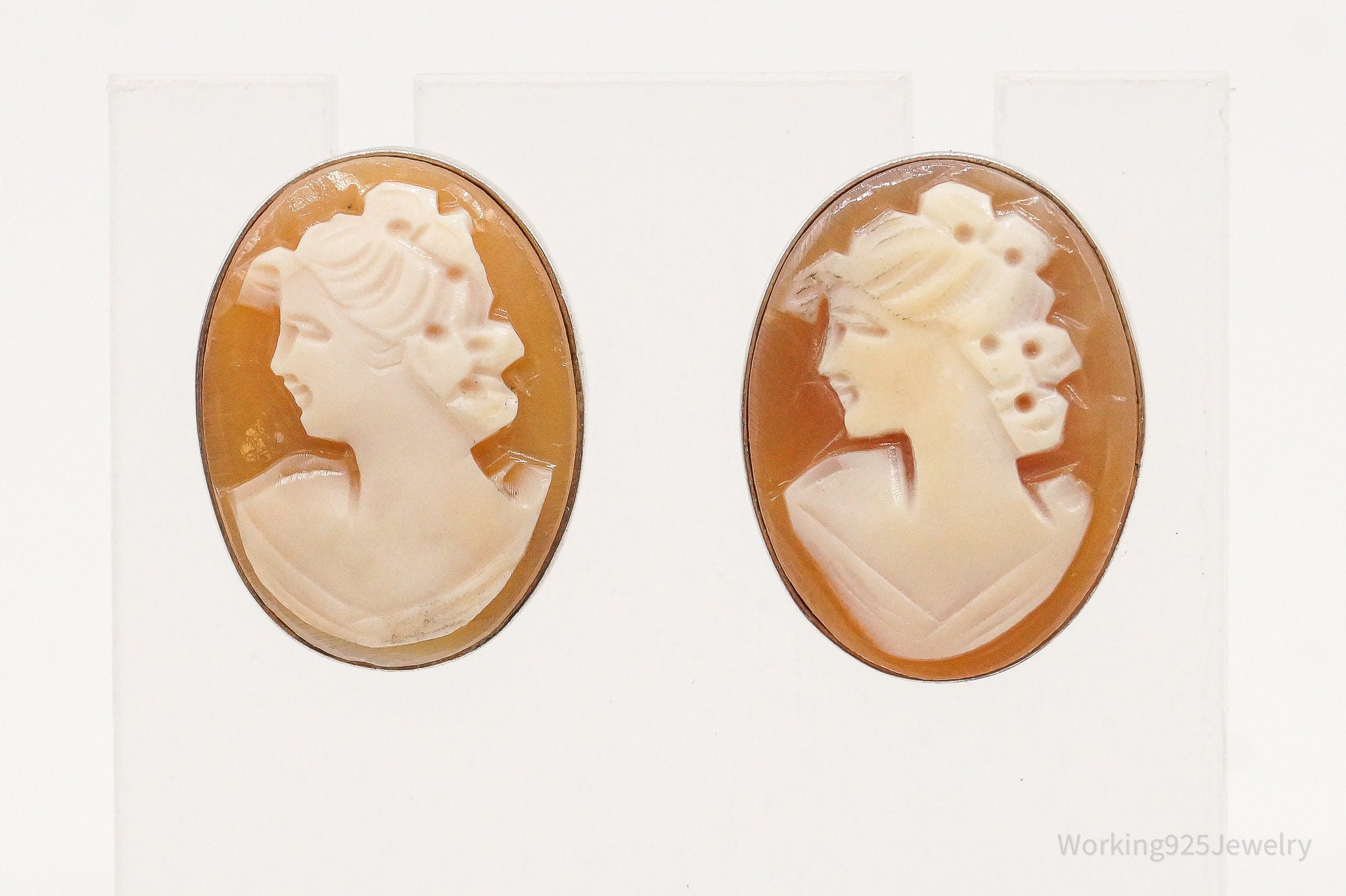 Vintage Carved Shell Woman Cameo Sterling Silver Earrings