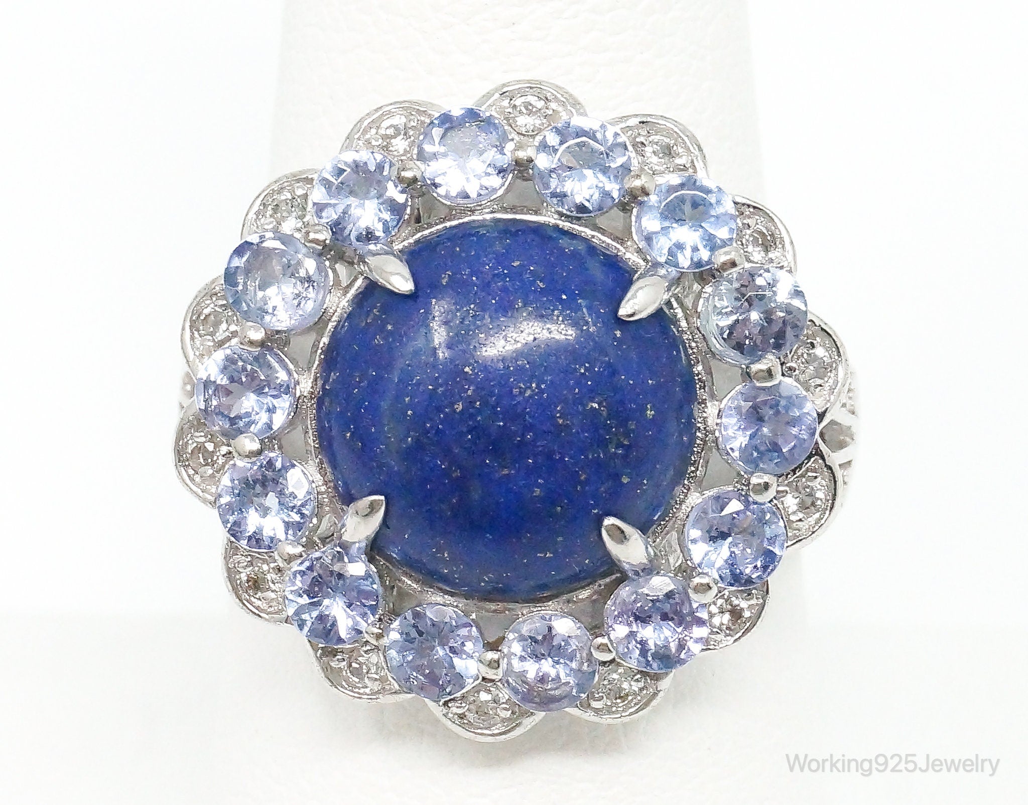 Vintage Lapis Lazuli Iolite Cubic Zirconia Sterling Silver Ring - Size 8