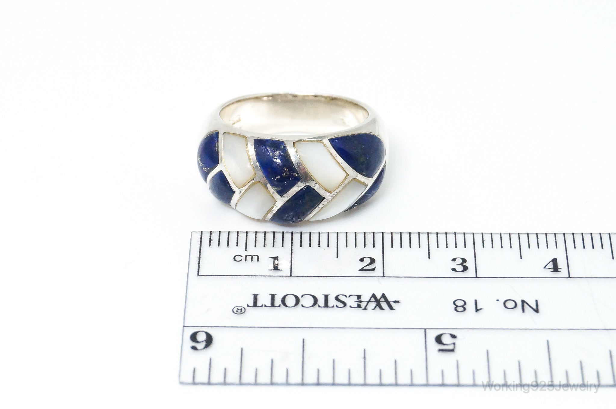 Vintage Designer S & G Lapis Lazuli Mother Of Pearl Sterling Silver Ring SZ 6