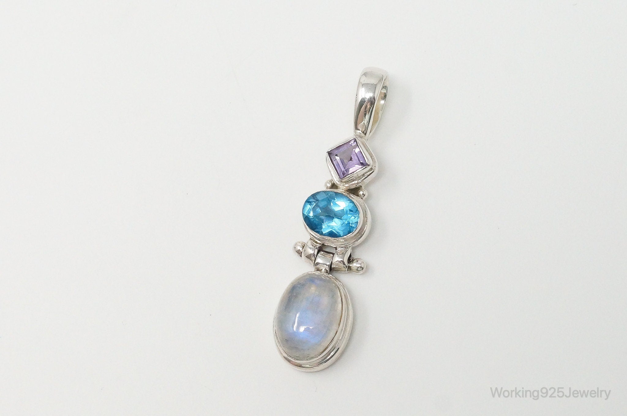 Large Vintage Blue Topaz Amethyst Moonstone Sterling Silver Pendant