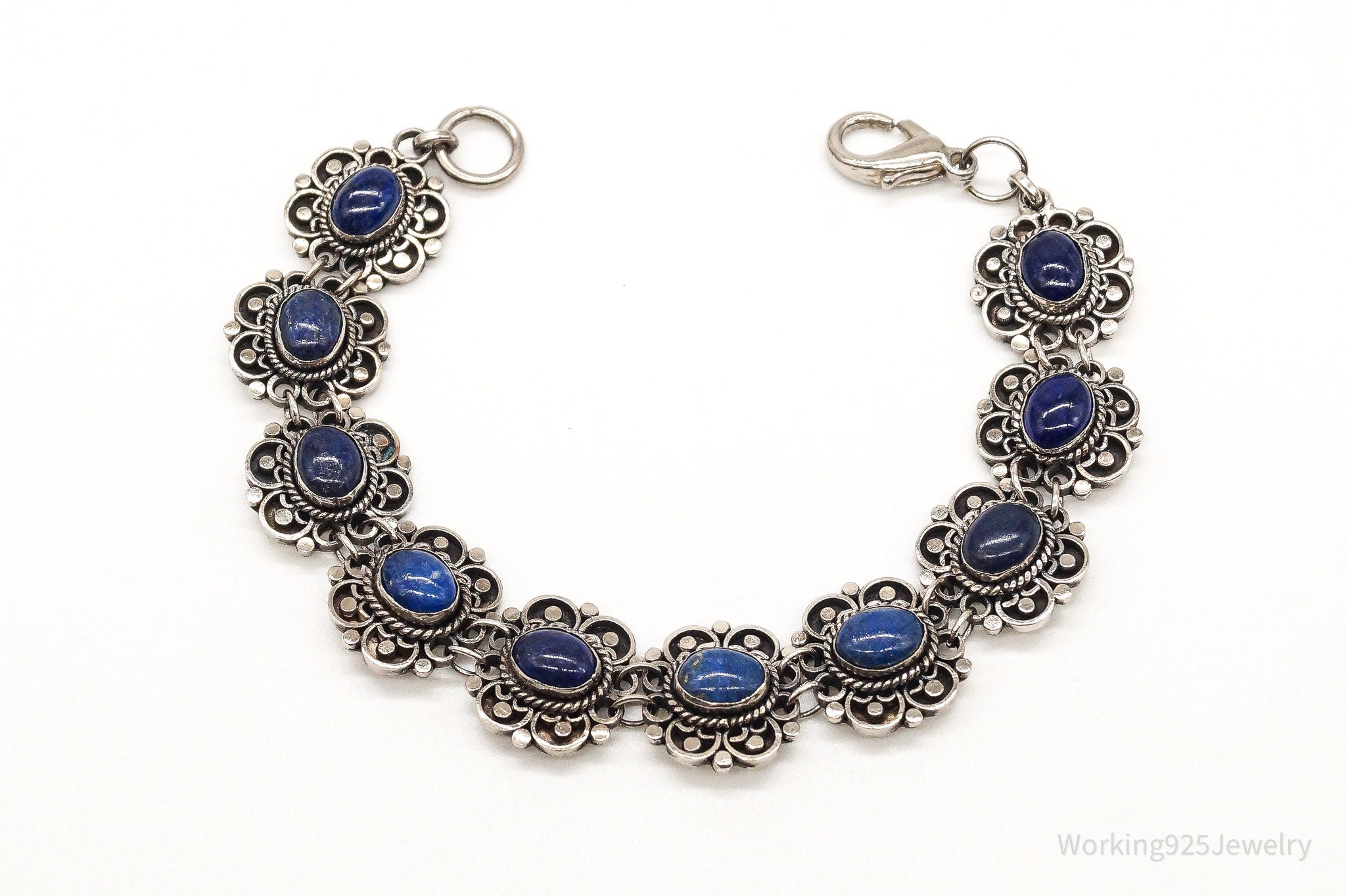 Vintage Lapis Lazuli Flowers Sterling Silver Bracelet