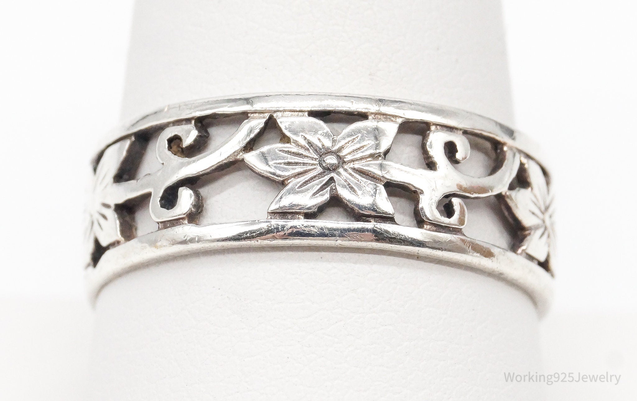 Vintage Designer PSCL Flowers Floral Cut Out Sterling Silver Band Ring Size 10