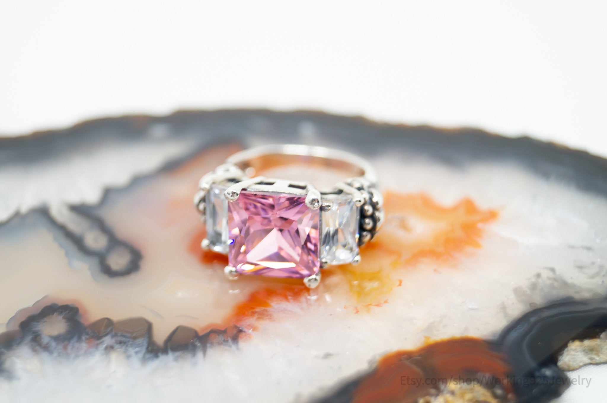 Vintage Art Deco Style Pink Topaz Cz Statement Ring Sterling Silver - Size 5