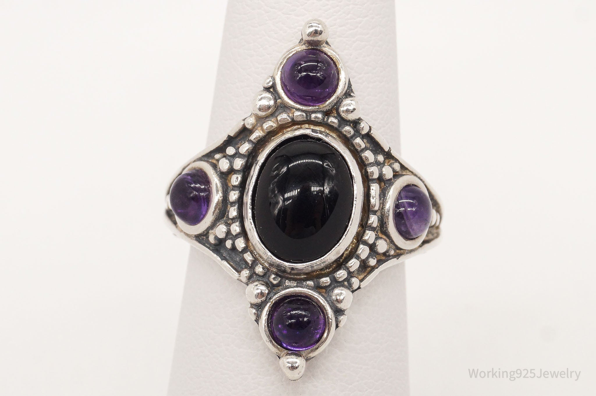 Vintage Amethyst Black Onyx Sterling Silver Ring - Size 6.25