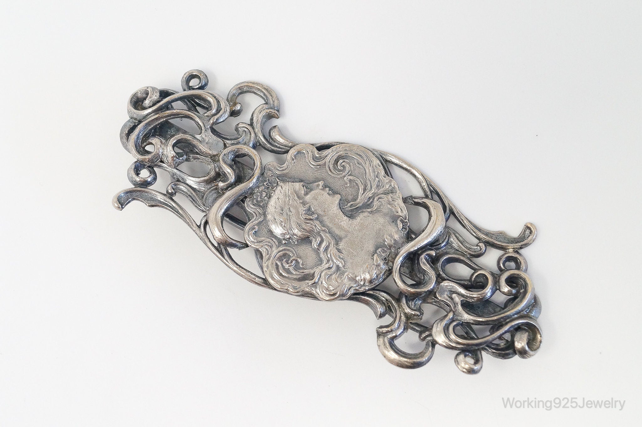 Antique Art Nouveau Woman Cameo Sterling Silver Belt Sash Buckle