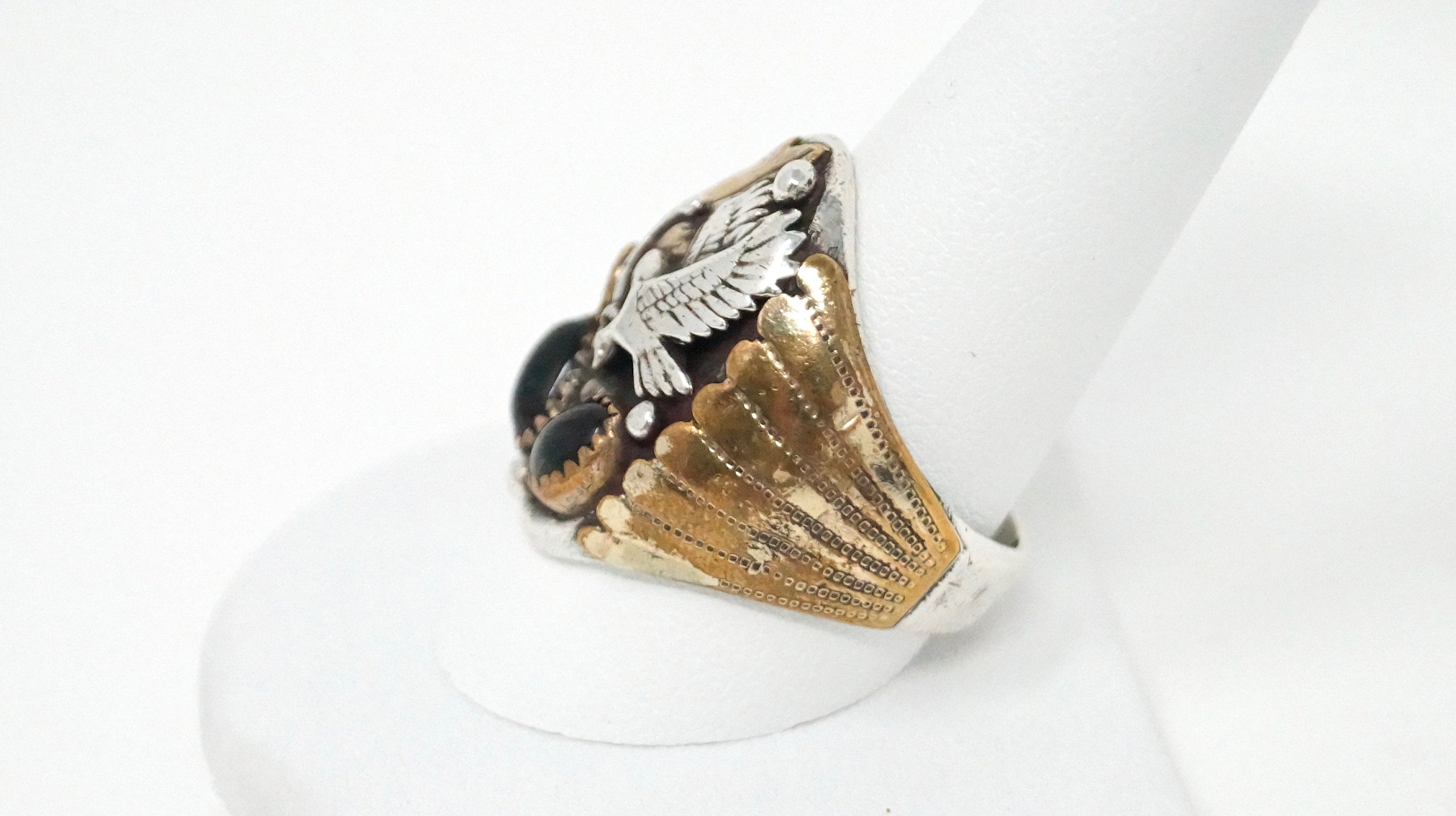 Native American Black Onyx Eagle Feather Brass Sterling Silver Ring Sz 10.75