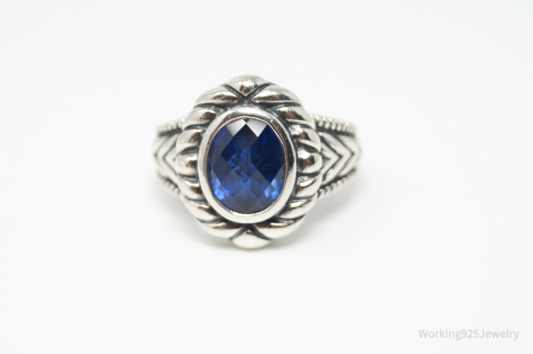 Vintage Art Deco Style Blue Lab Sapphire Sterling Silver Ring - Size 6.75