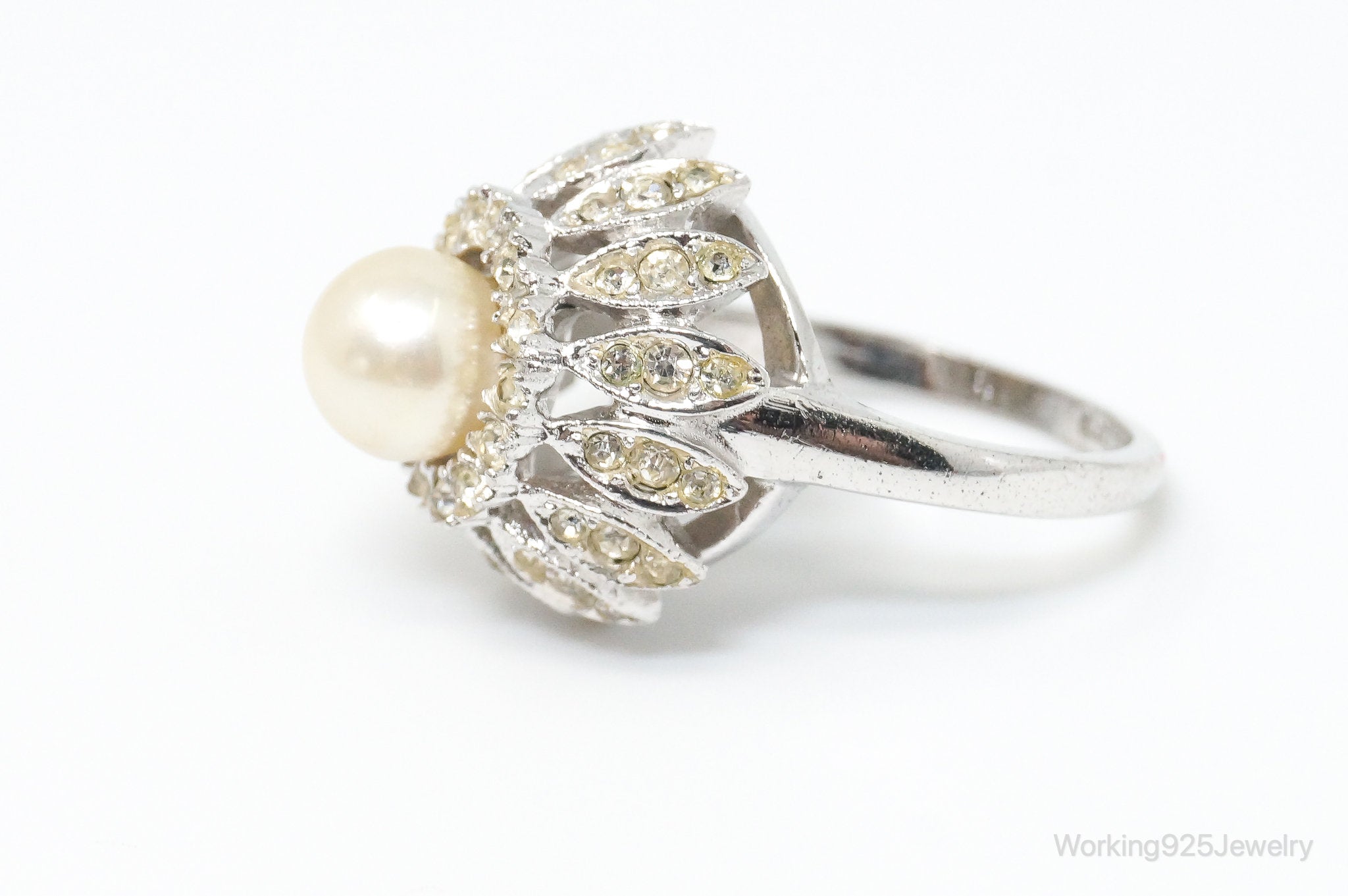 Vintage Designer ESPO Faux Pearl Rhinestone Sterling Silver Ring - SZ 6.75