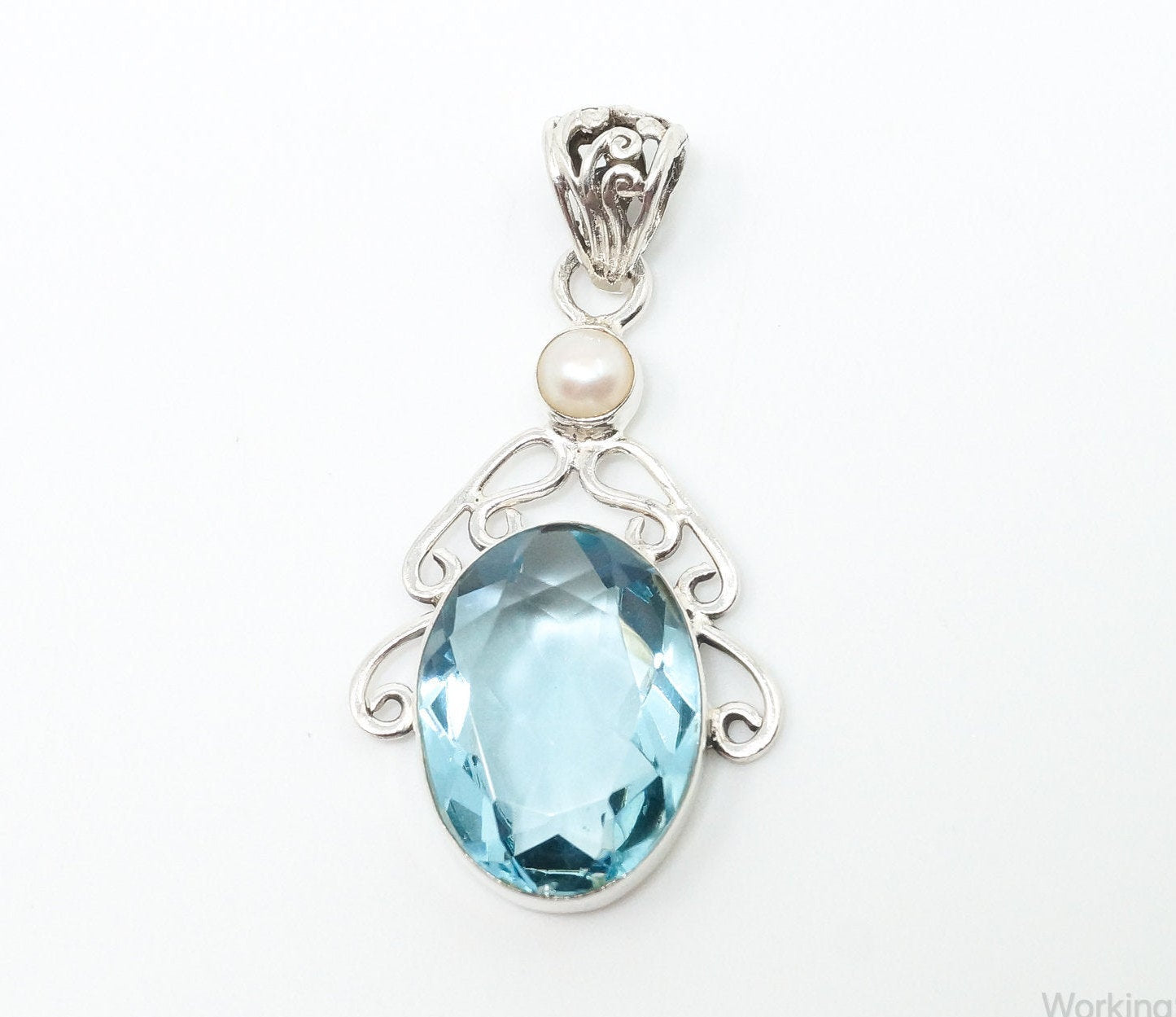 Vintage Art Deco Large Blue Topaz Pearl Sterling Silver Pendant