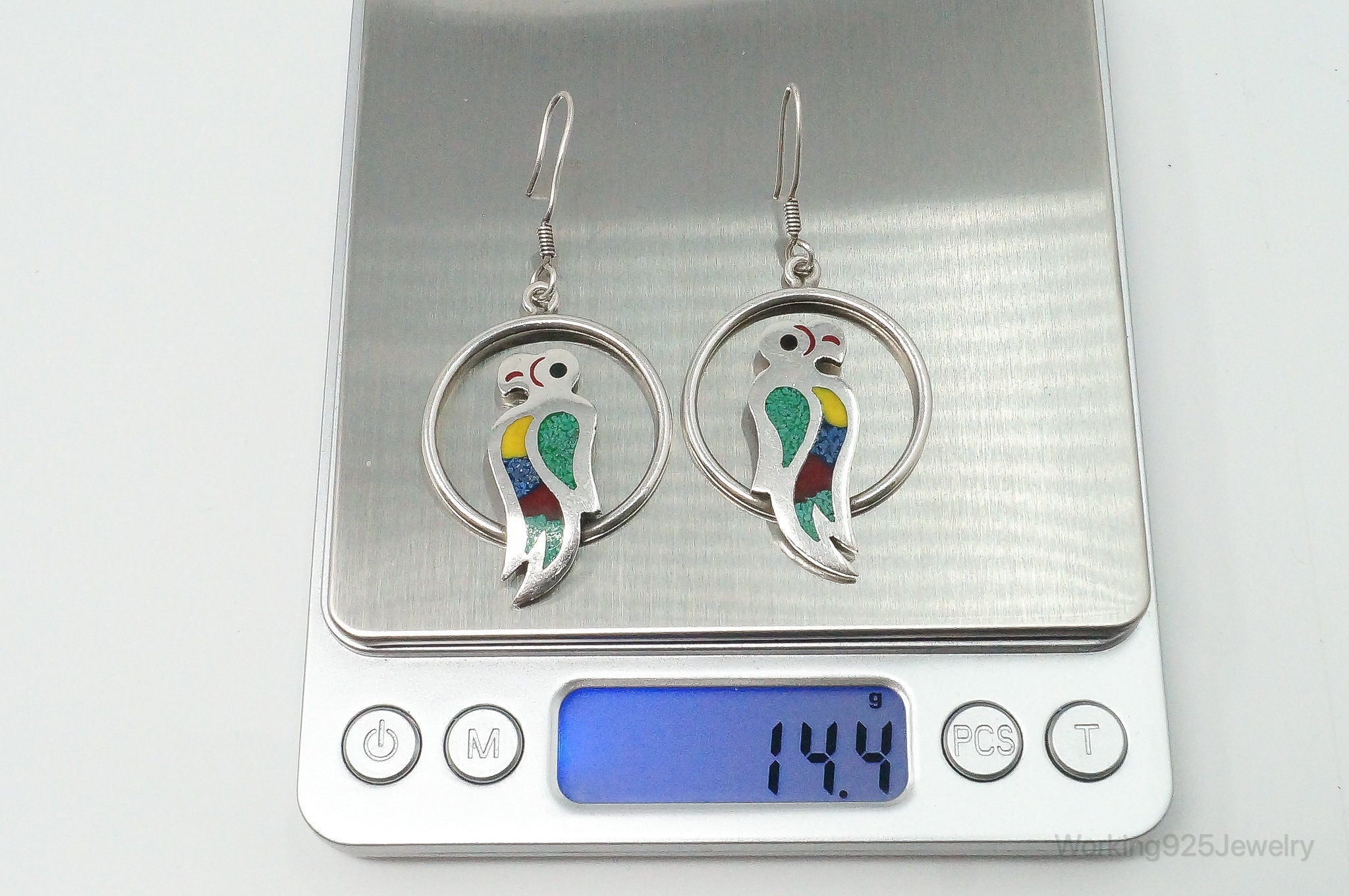 Vintage Handmade Mexico TC-255 Crushed Multi Gem Parot Sterling Silver Earrings