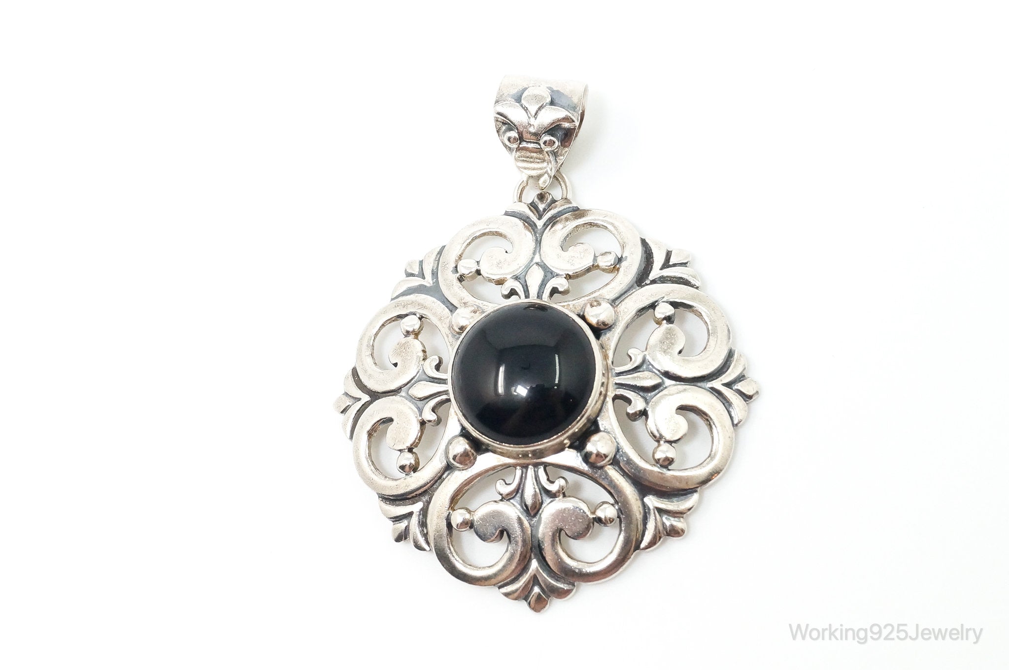 Large Vintage Mexico Designer Black Onyx Sterling Silver Pendant