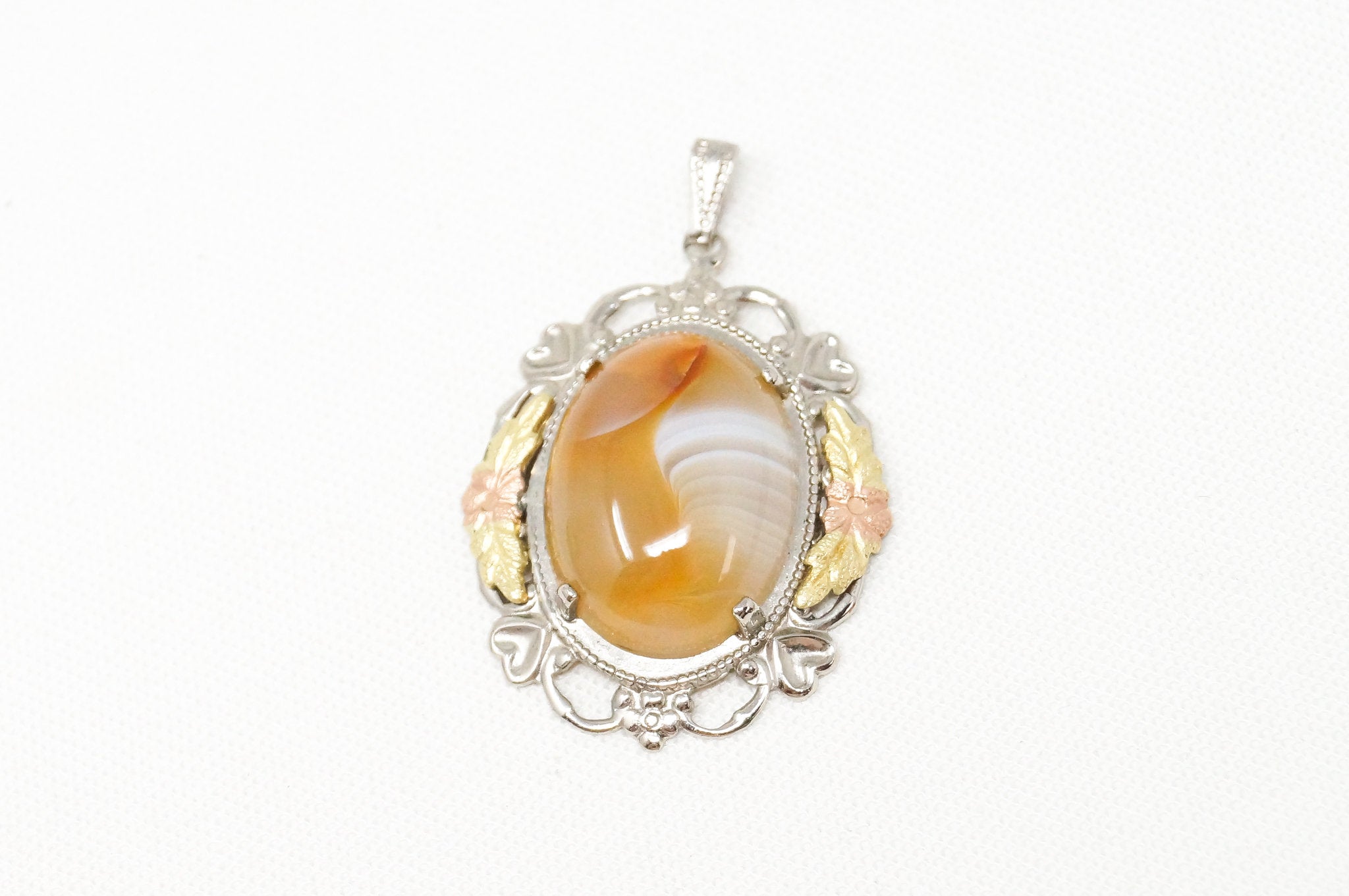 Vintage Designer LSP Co Orange Lace Agate 12k Gold Sterling Silver Pendant