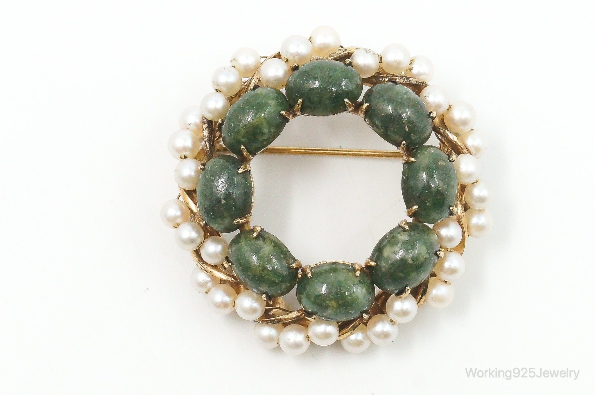 Antique Designer A & Z Gold Filled Jade Faux Pearl Sterling Silver Brooch Pin