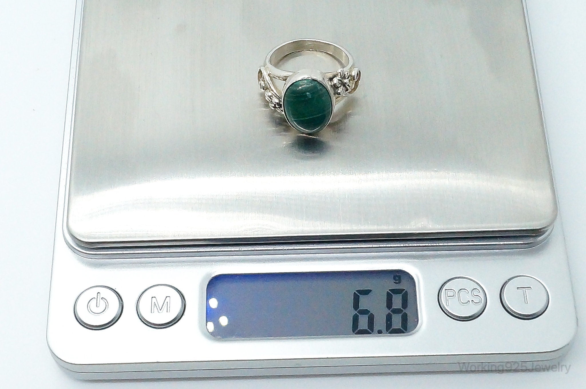 Vintage Anglo Carol Felley Malachite Sterling Silver Band Ring - Size 6