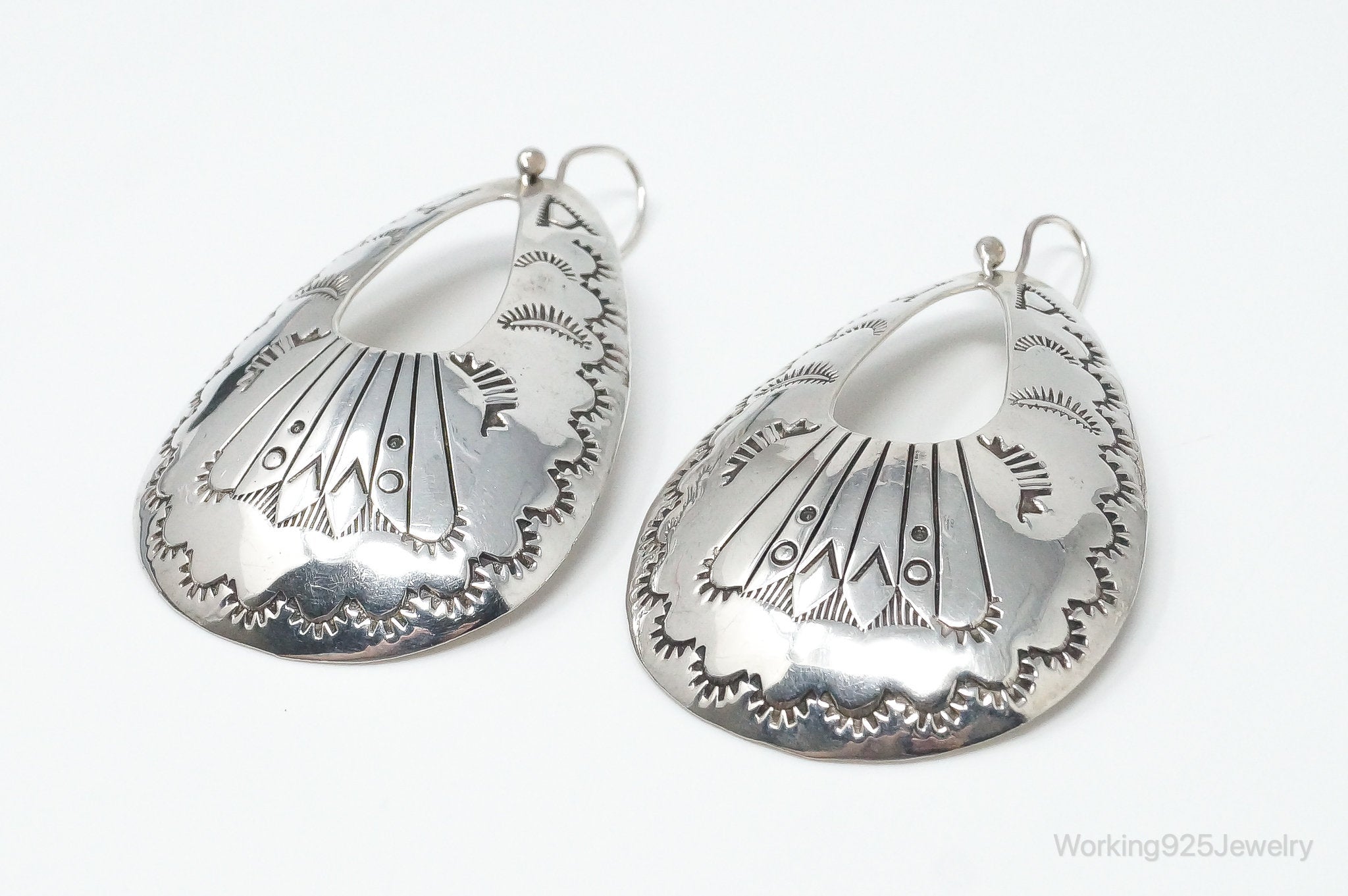 Large Vintage Native American Unsigned Tribal Sterling Silver Earrings